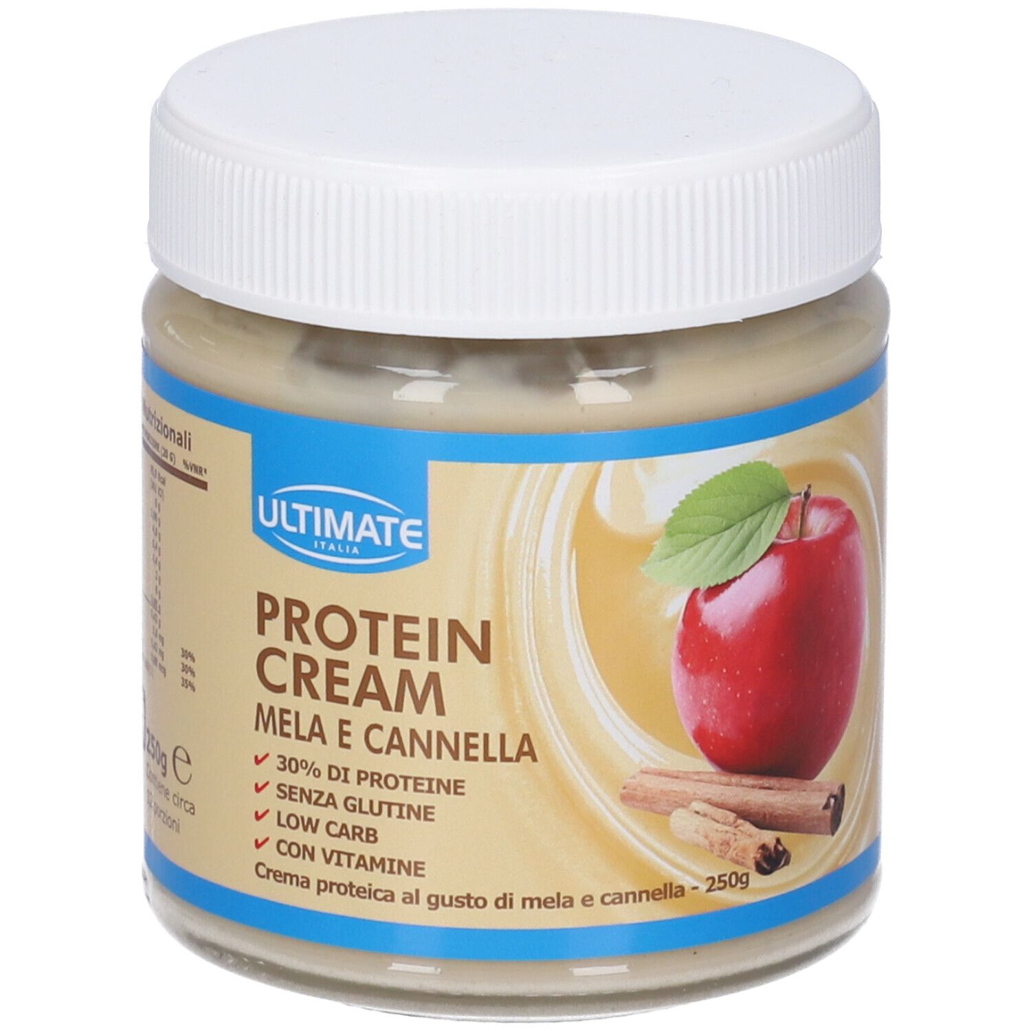 Vaso di crema proteica ULTIMATE. Scritta: PROTEIN CREAM MELA E CANNELLA. 250g. 30% proteine, senza glutine, low carb, con vitamine.