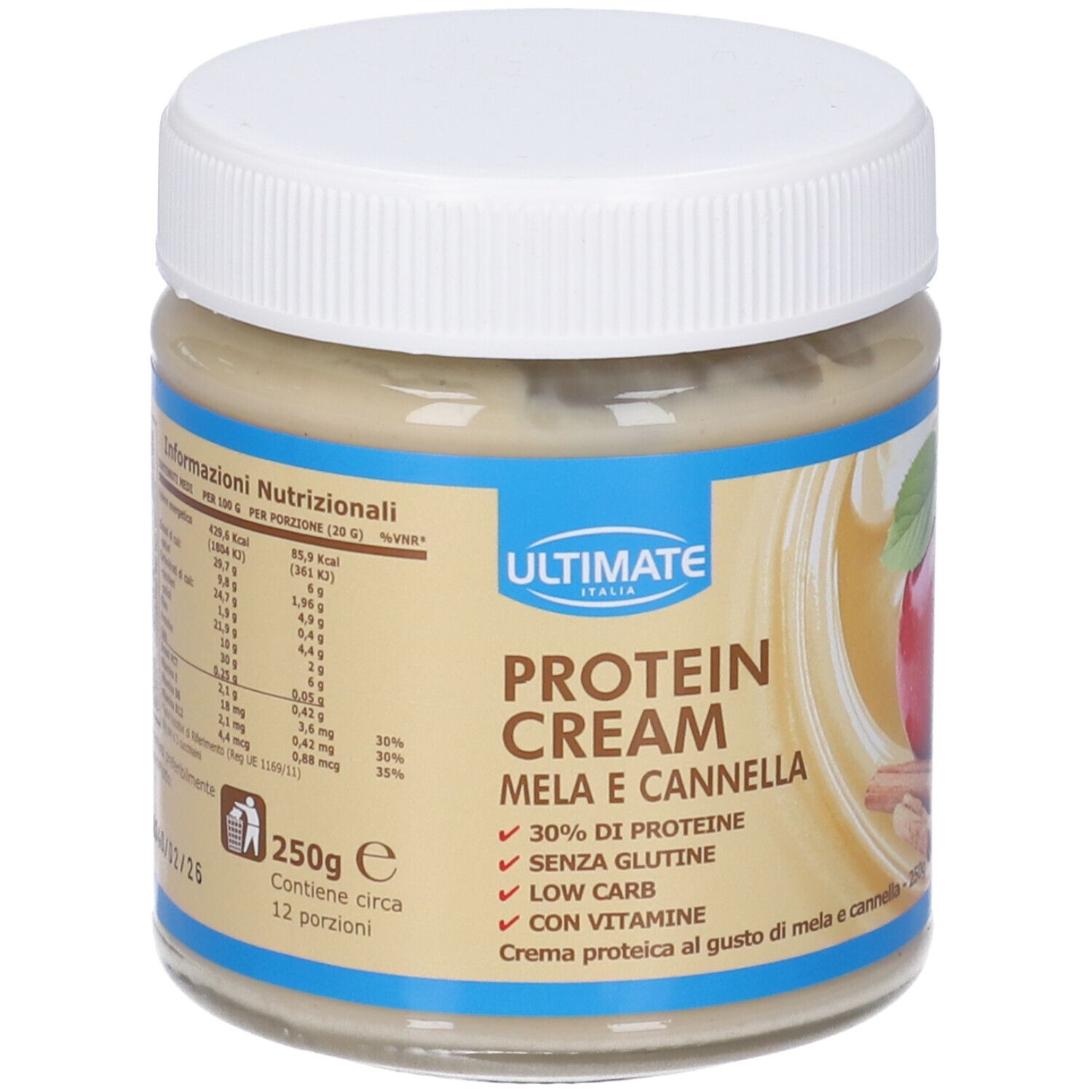 Vaso di crema proteica ULTIMATE. Scritta: PROTEIN CREAM MELA E CANNELLA. 250g. 30% proteine, senza glutine, low carb, con vitamine. Mela e cannella.