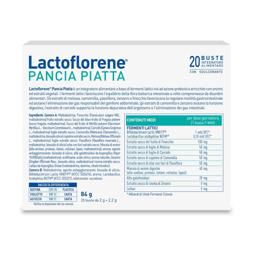 Retro della confezione Lactoflorene Pancia Piatta. Testo e ingredienti. 20 bustine.