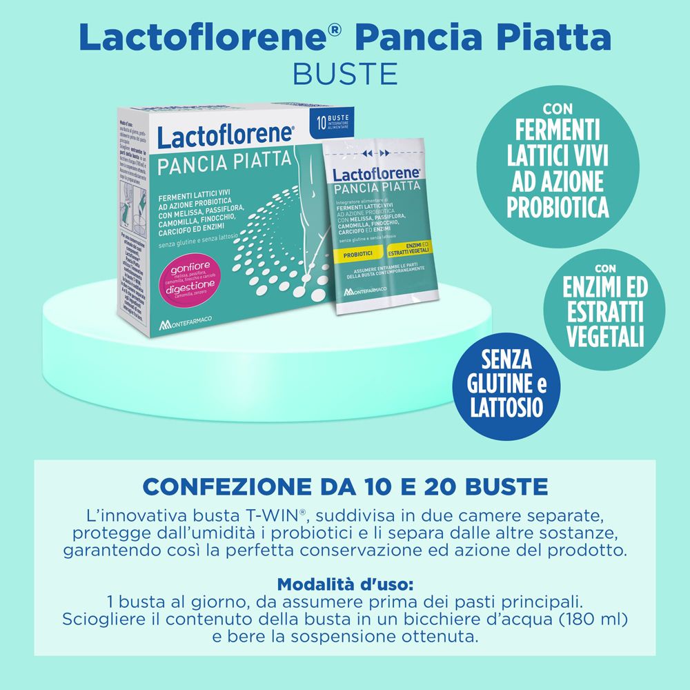 Lactoflorene Pancia Piatta, 10 bustine. Testo: Con fermenti lattici vivi, enzimi, senza glutine e lattosio.