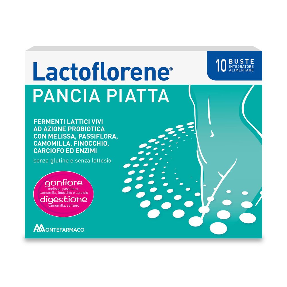 Confezione Lactoflorene Pancia Piatta, 10 bustine. Design turchese e bianco. Scritta: Gonfiore e Digestione.