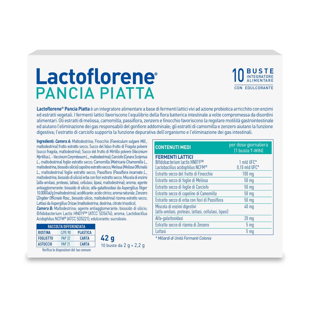 Retro della confezione Lactoflorene Pancia Piatta. Contiene ingredienti e informazioni nutrizionali. Testo in italiano.