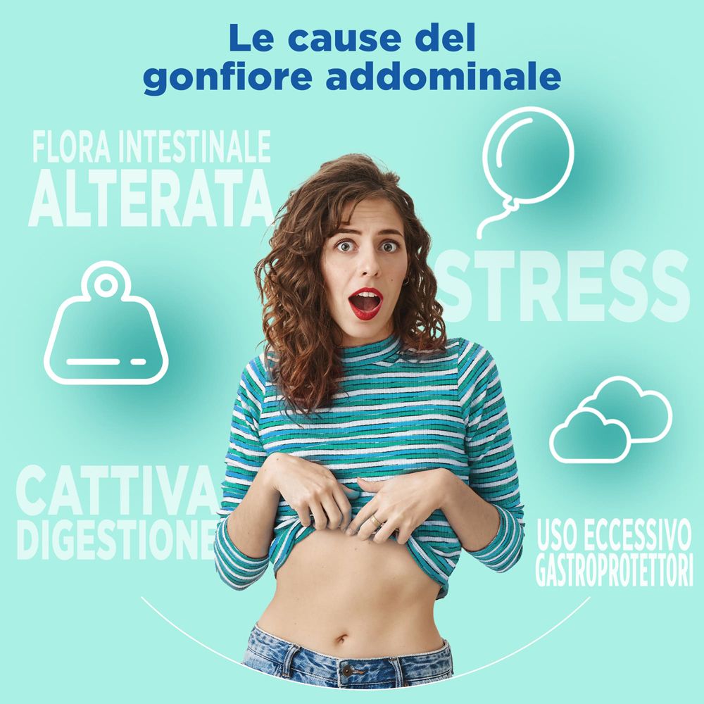 Donna con dolore addominale. Testo: Le cause del gonfiore addominale. Illustrazioni delle cause.