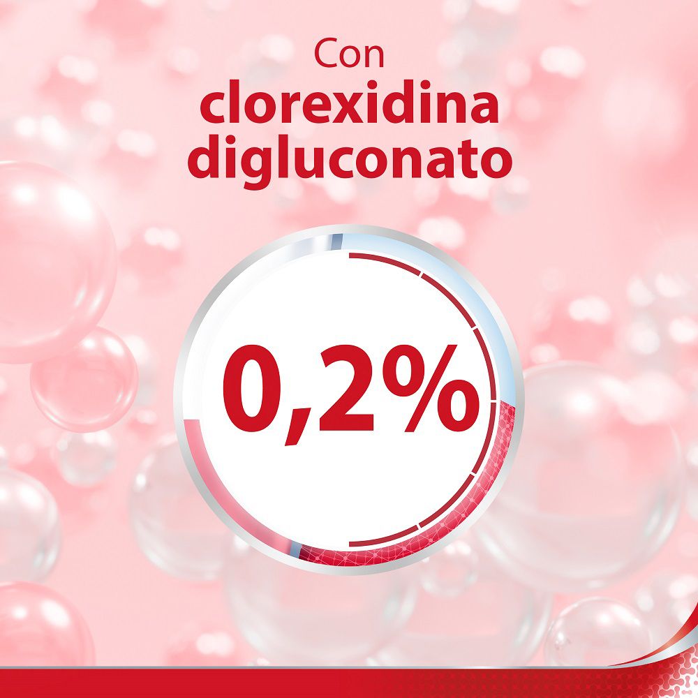 Presentazione circolare con testo: Con clorexidina digluconato, 0,2%. Sfondo con bolle di sapone.