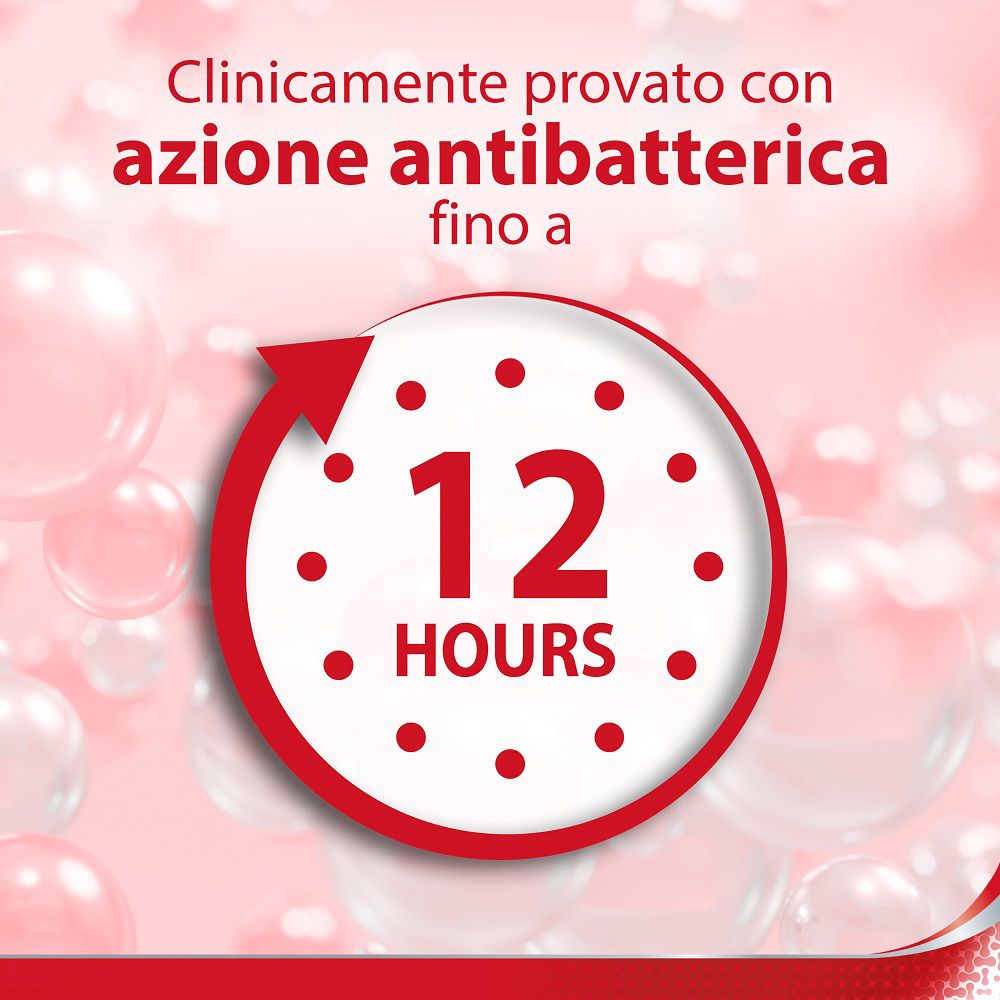 Presentazione circolare con testo: Clinicamente provato con azione antibatterica fino a 12 HOURS. Freccia rossa.