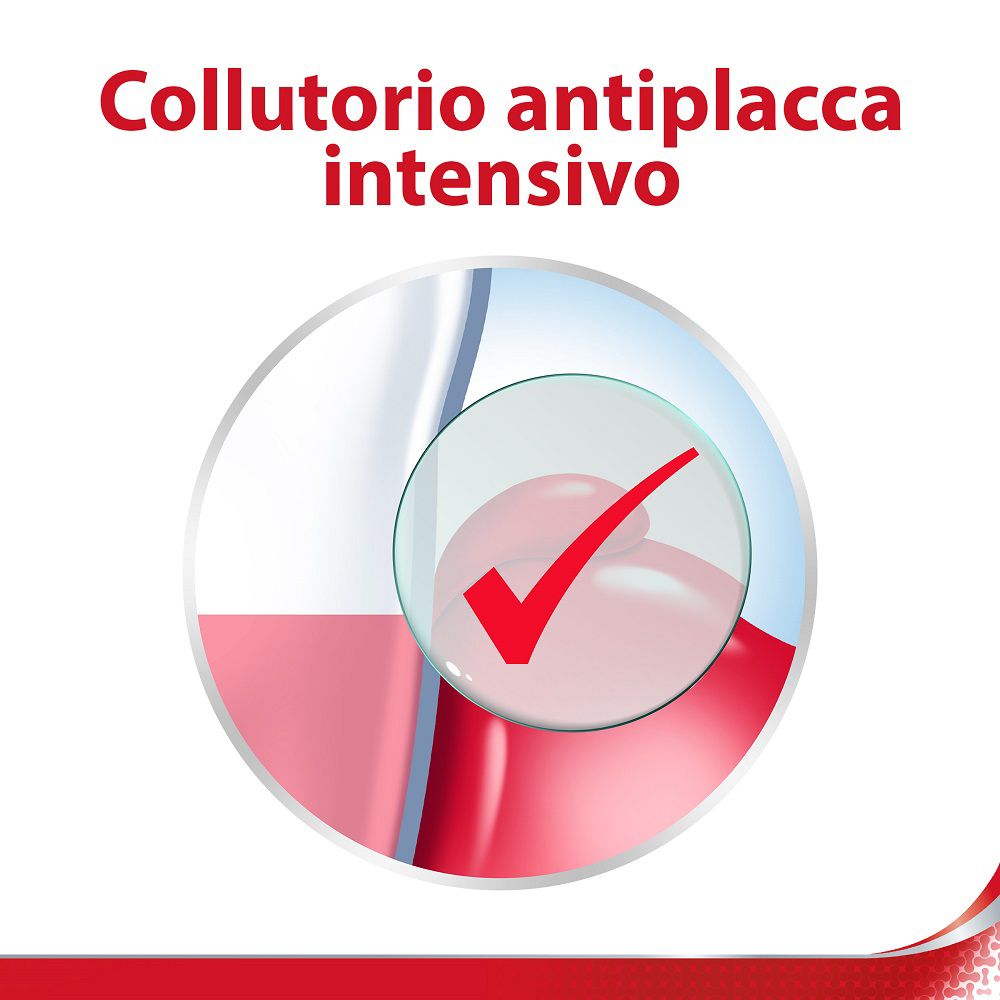Presentazione circolare con testo: Collutorio antiplacca intensivo. Spunta rossa in una lente d'ingrandimento.