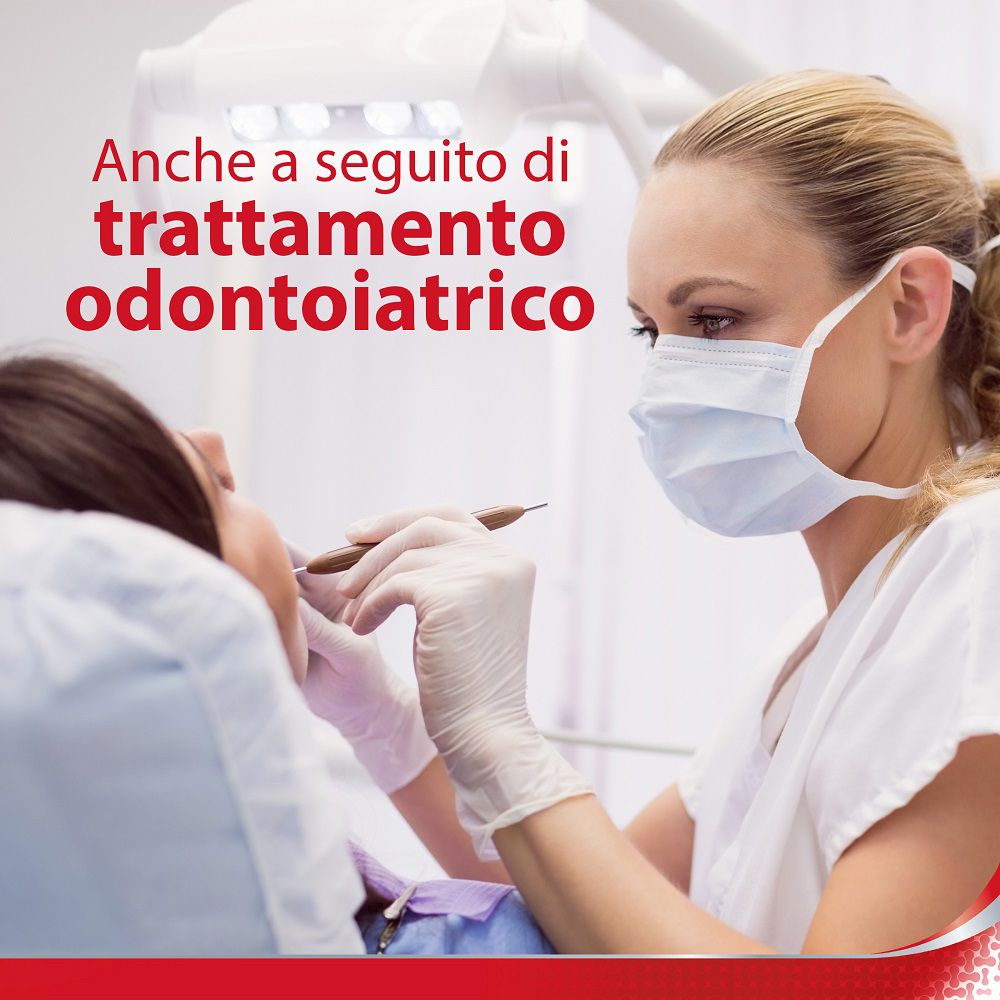 Dentista che cura una paziente. Testo: Anche a seguito di trattamento odontoiatrico.