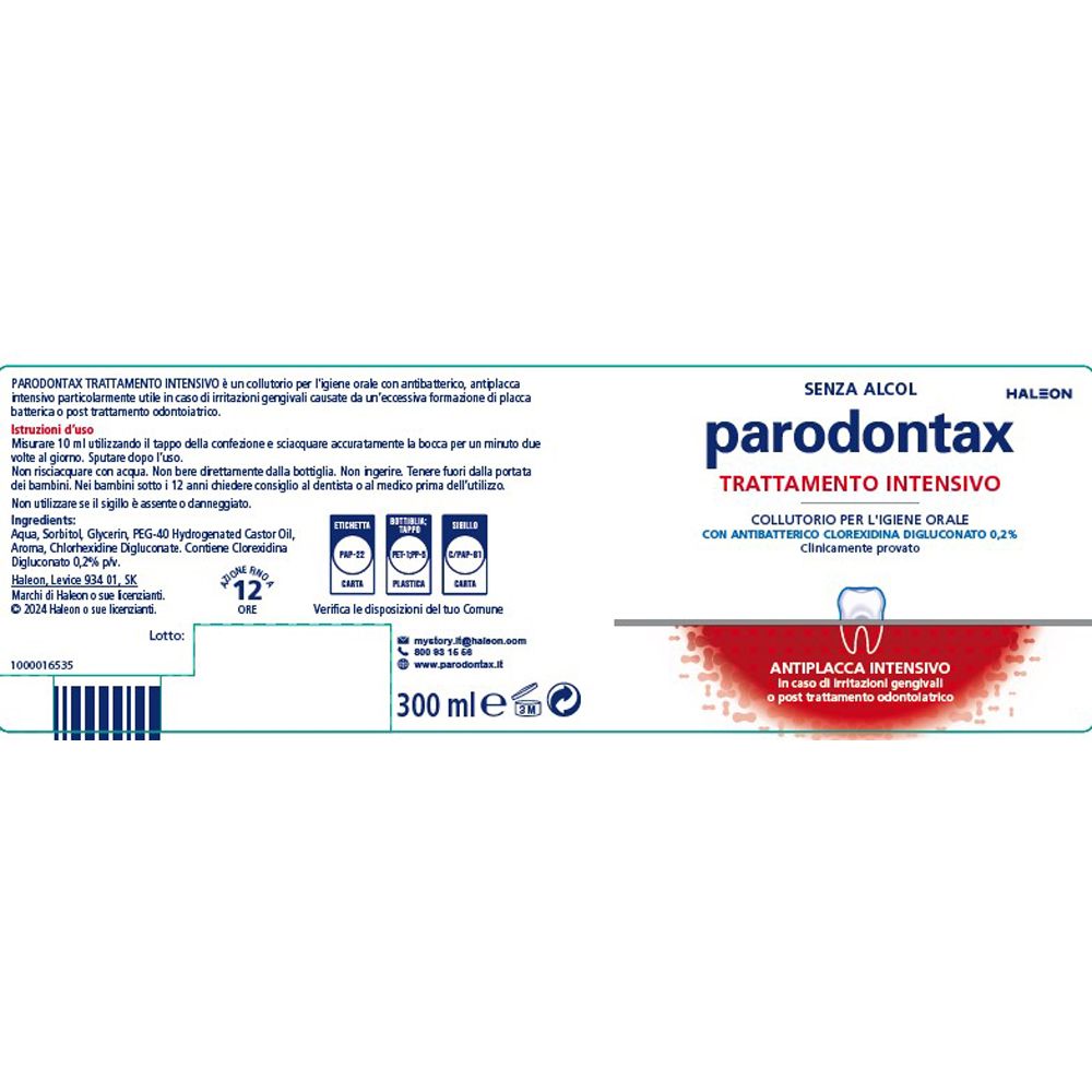Etichetta del prodotto con testo. Scritta: Parodontax, Trattamento Intensivo. Contiene Clorexidina Digluconato 0,2%.