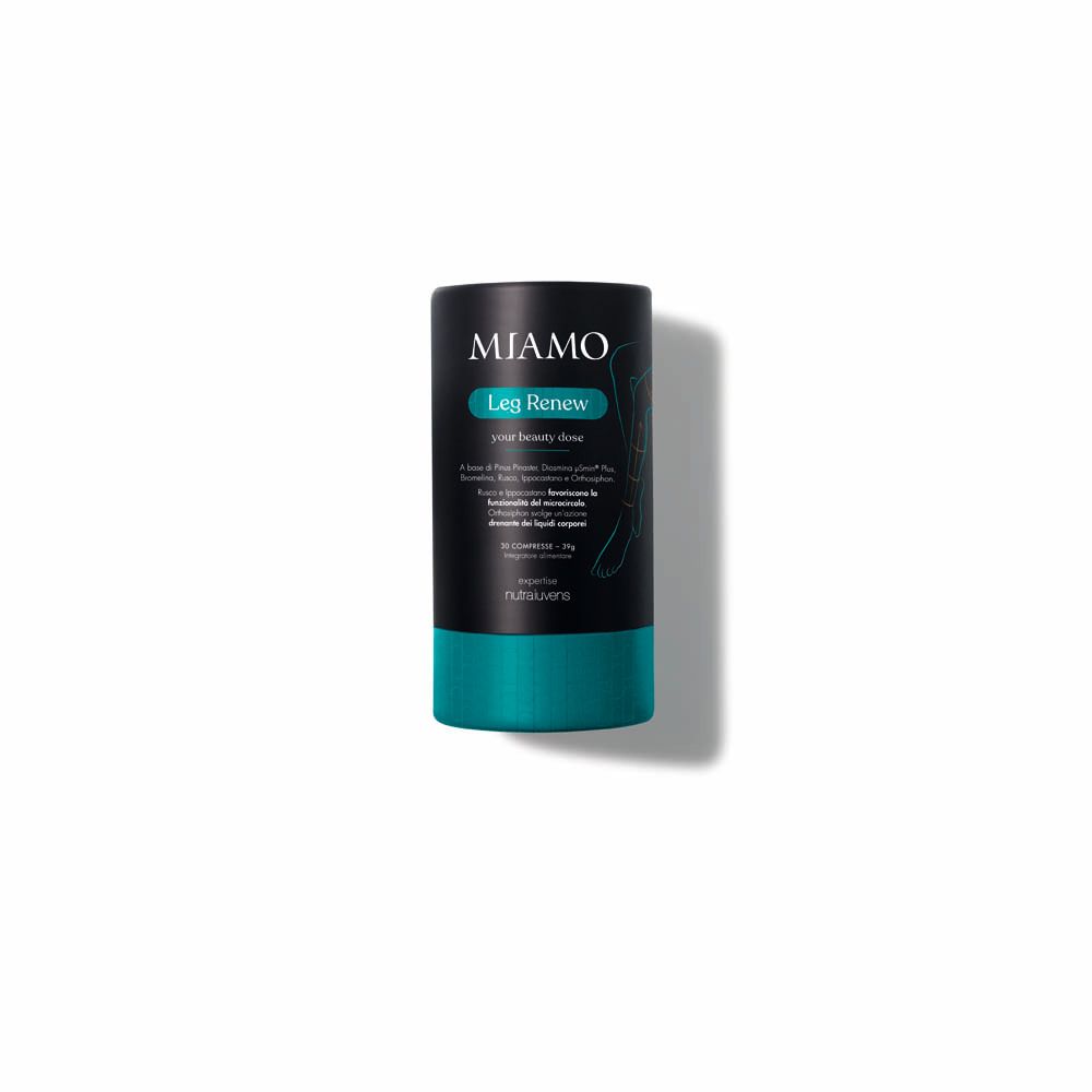 Confezione cilindrica, nera con base turchese. Scritta "MIAMO Leg Renew".