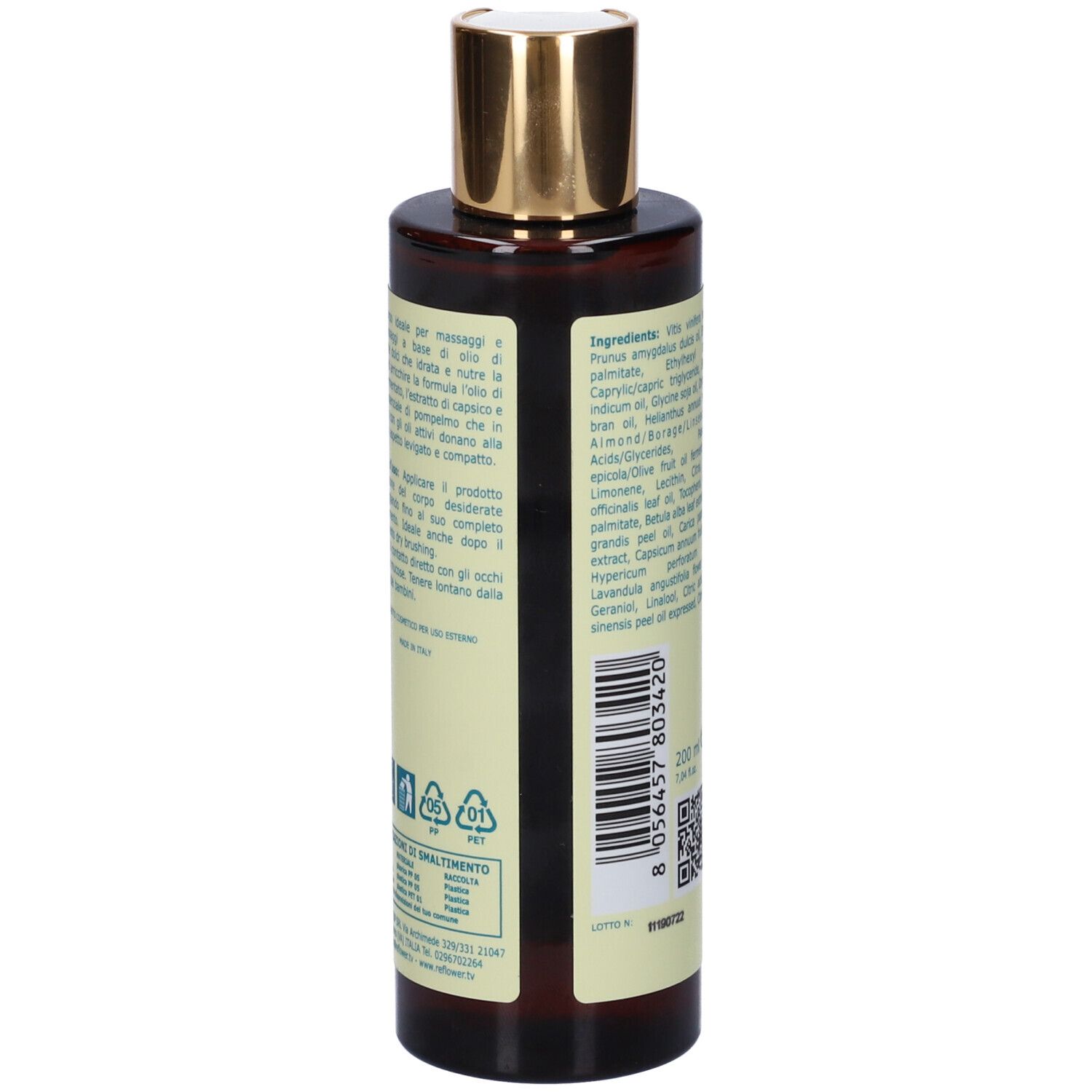 Retro del flacone marrone. Testo in italiano, simboli di riciclaggio e codice a barre.