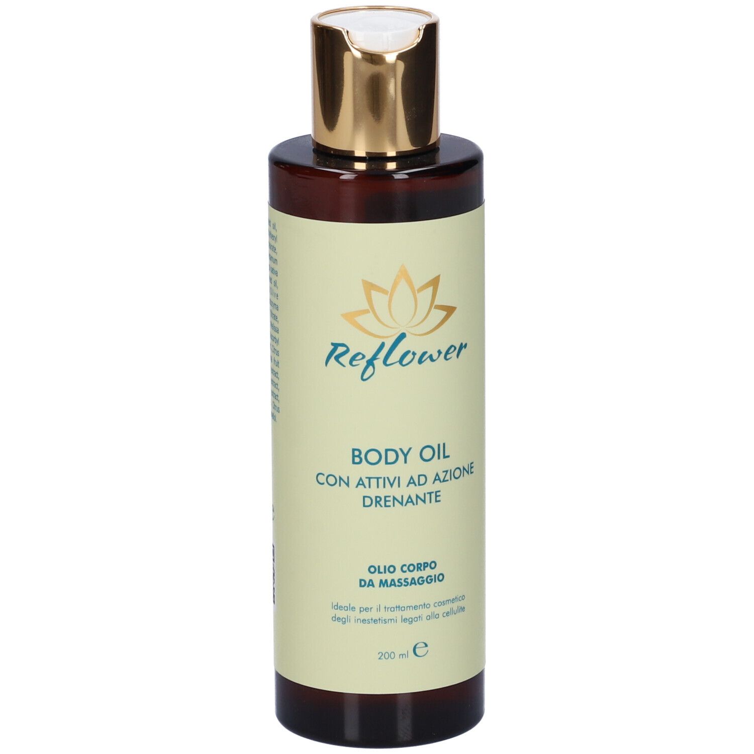 Flacone marrone con tappo dorato. Scritta Reflower Body Oil. Testo in italiano.