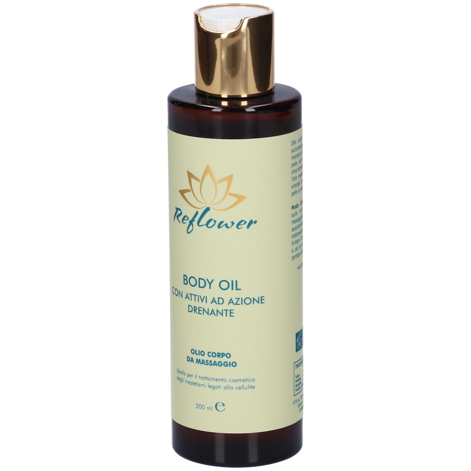 Flacone marrone con tappo dorato. Scritta Reflower Body Oil. Testo in italiano.