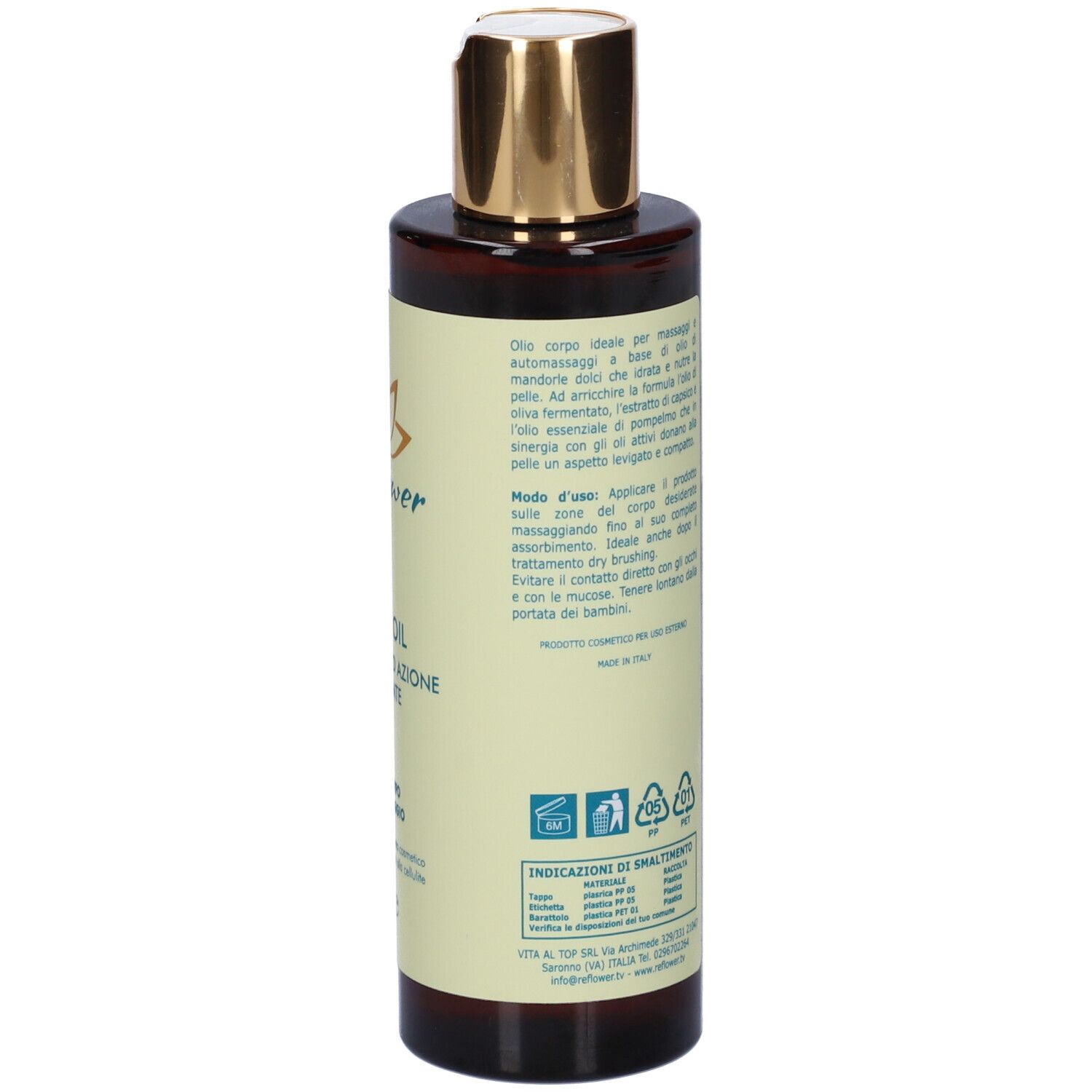 Retro del flacone marrone. Testo in italiano, simboli di riciclaggio e codice a barre.