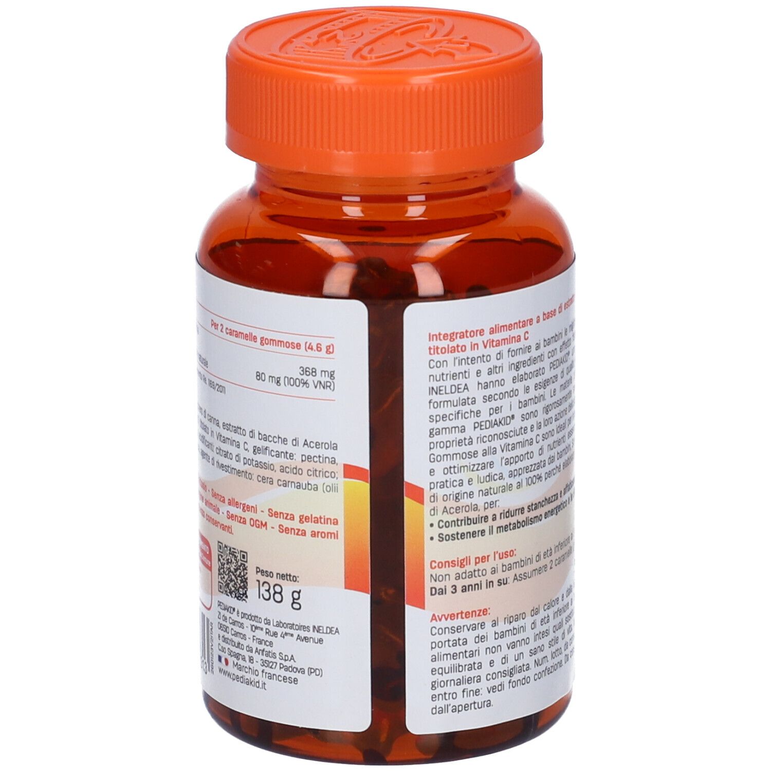 Retro del flacone. Etichetta con testo in italiano. Contiene informazioni sugli ingredienti e i valori nutrizionali.