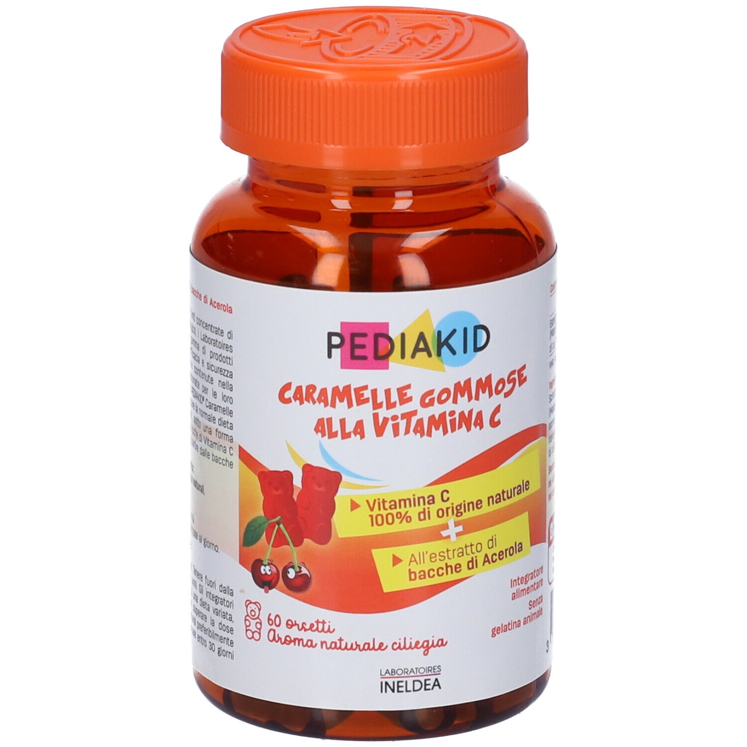 Flacone marrone con tappo arancione. Etichetta con nome del prodotto e immagine di orsetti gommosi e ciliegie. Testo: Pediakid.