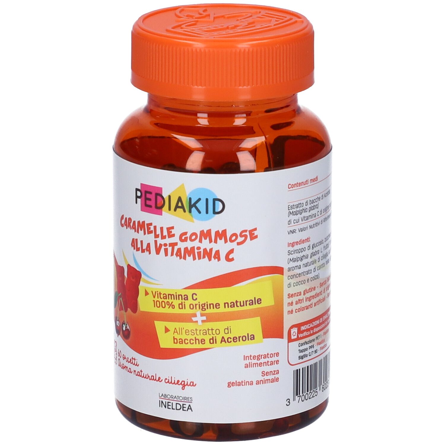 Flacone marrone con tappo arancione. Etichetta con nome del prodotto e immagine di orsetti gommosi e ciliegie. Testo: Pediakid.