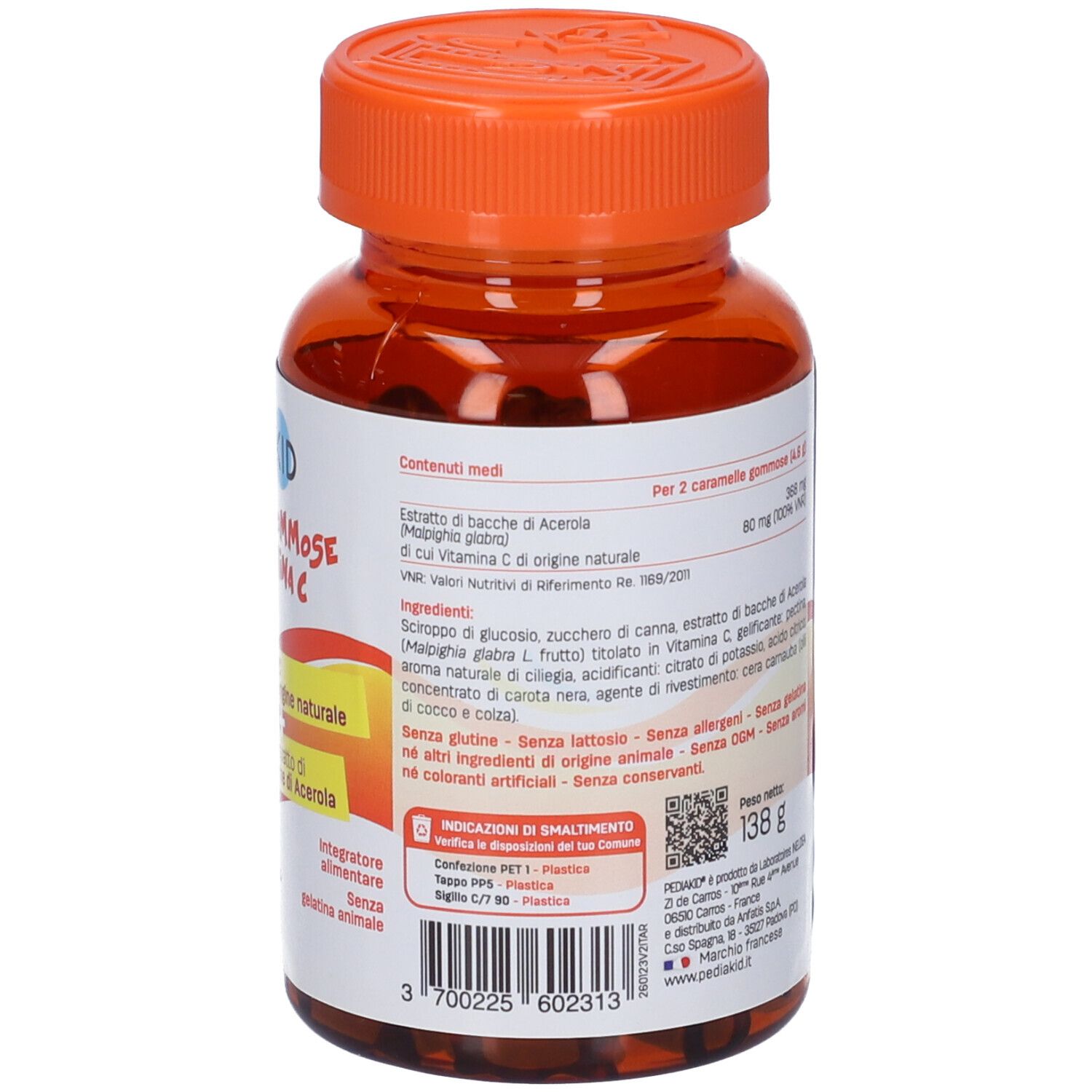 Retro del flacone. Etichetta con testo in italiano. Contiene informazioni sugli ingredienti e i valori nutrizionali.