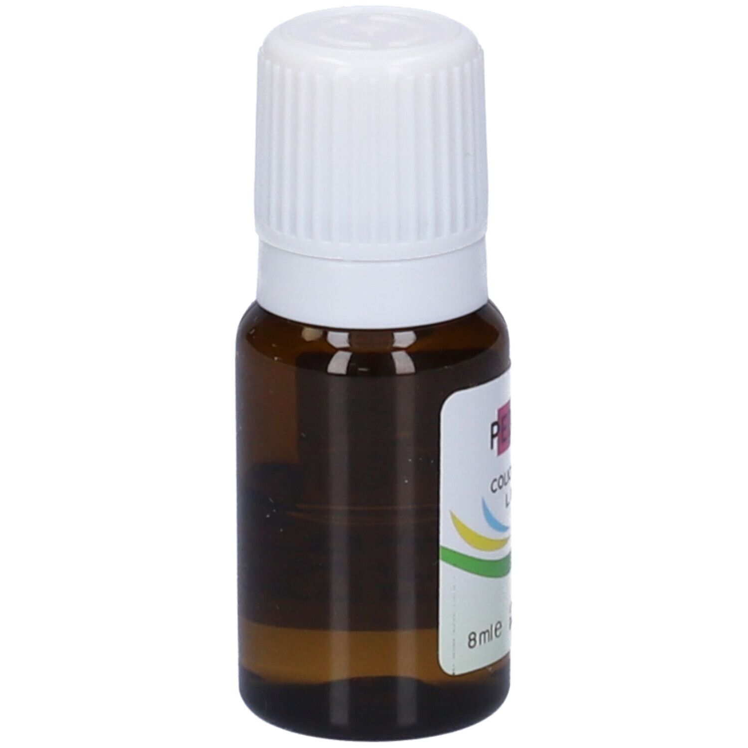 Flacone di vetro marrone con tappo bianco. Etichetta con nome e logo del prodotto. 8 ml.