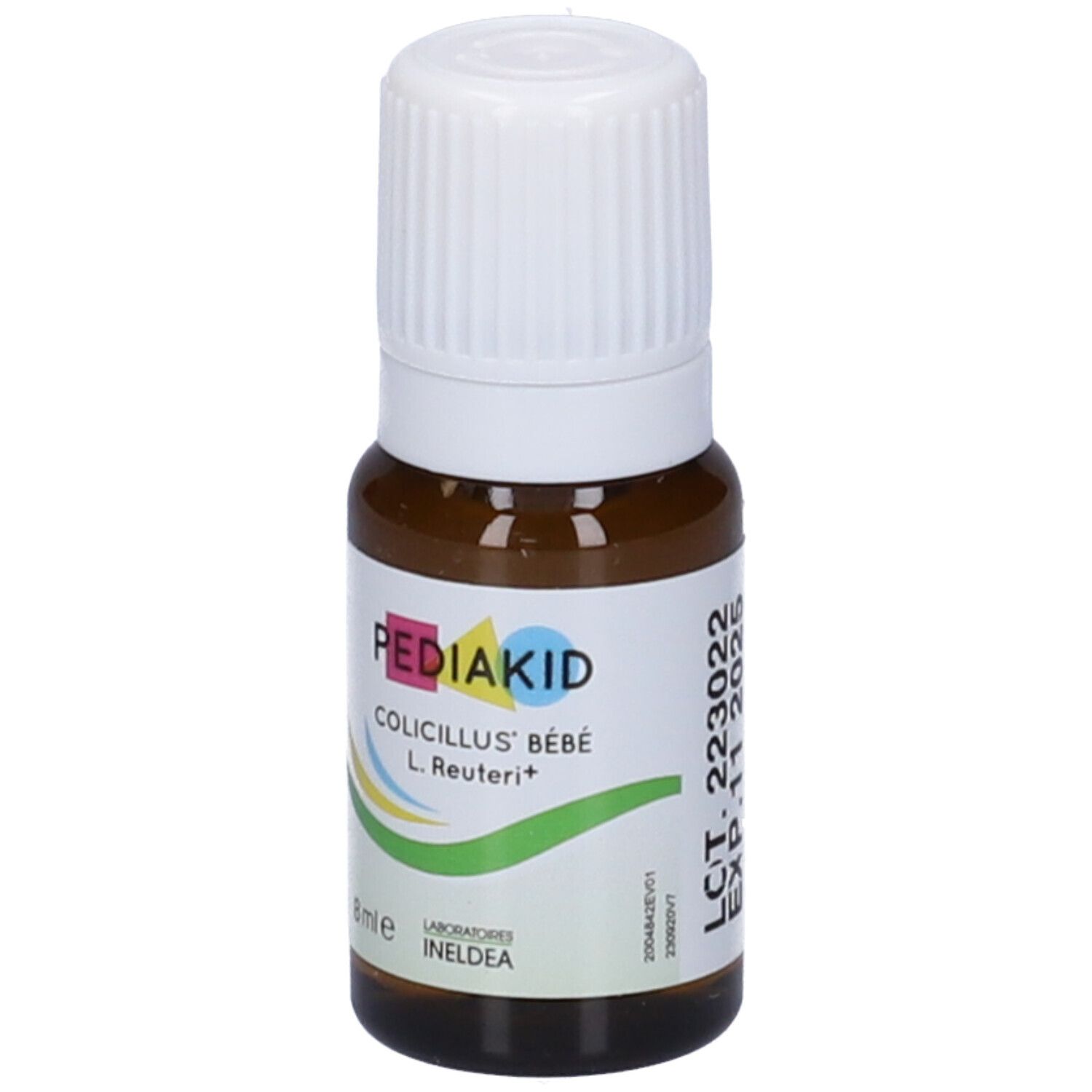 Flacone di vetro marrone con tappo bianco. Etichetta con nome e logo. 8 ml. Scadenza.