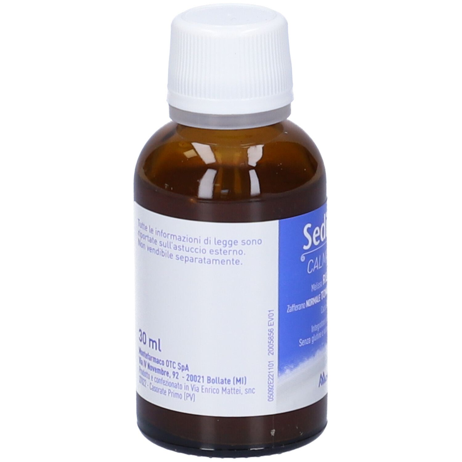 Flacone di vetro marrone con tappo bianco. Adesivo con testo e 30 ml. Vista posteriore.