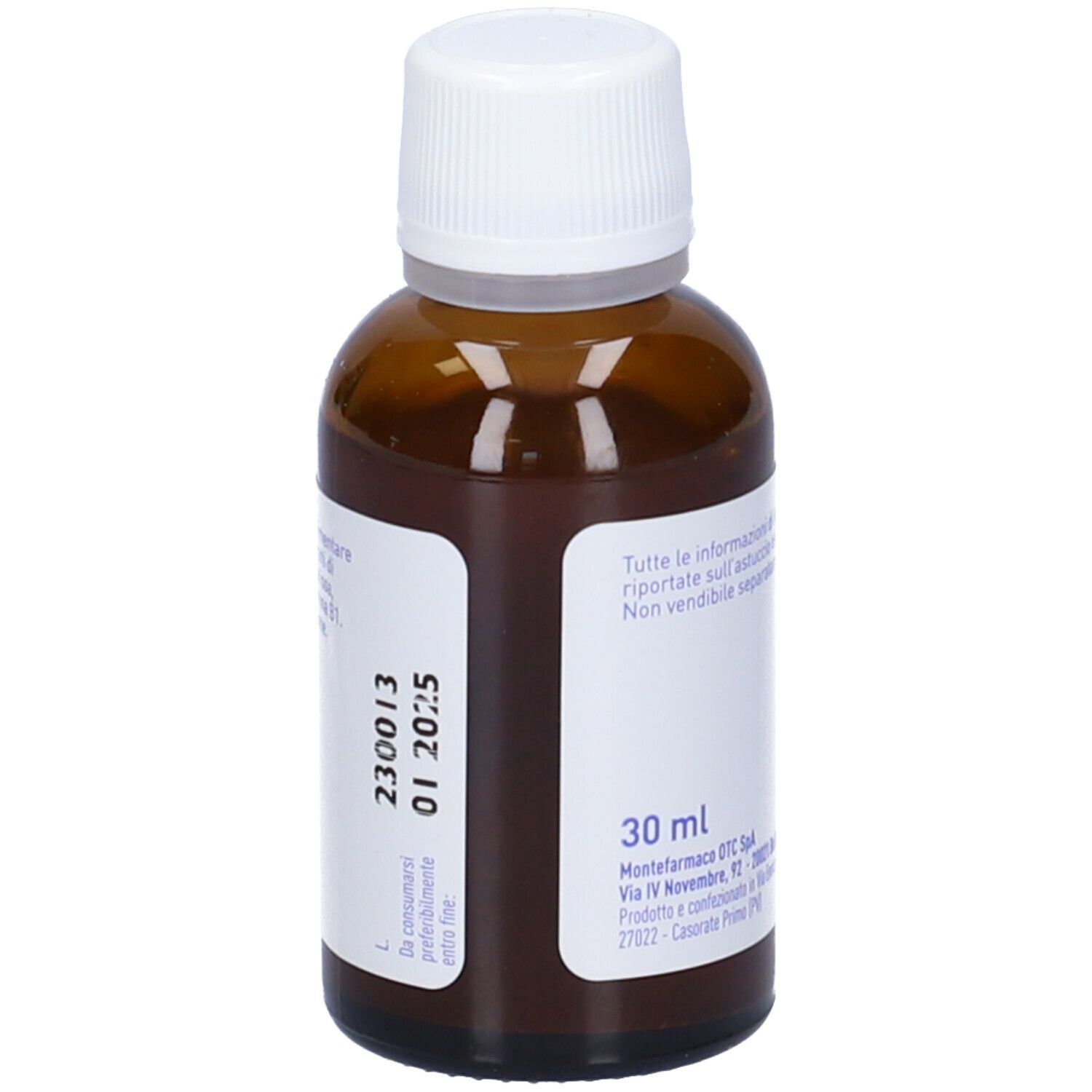 Flacone di vetro marrone con tappo bianco. Adesivo con testo e data di scadenza. Vista posteriore.