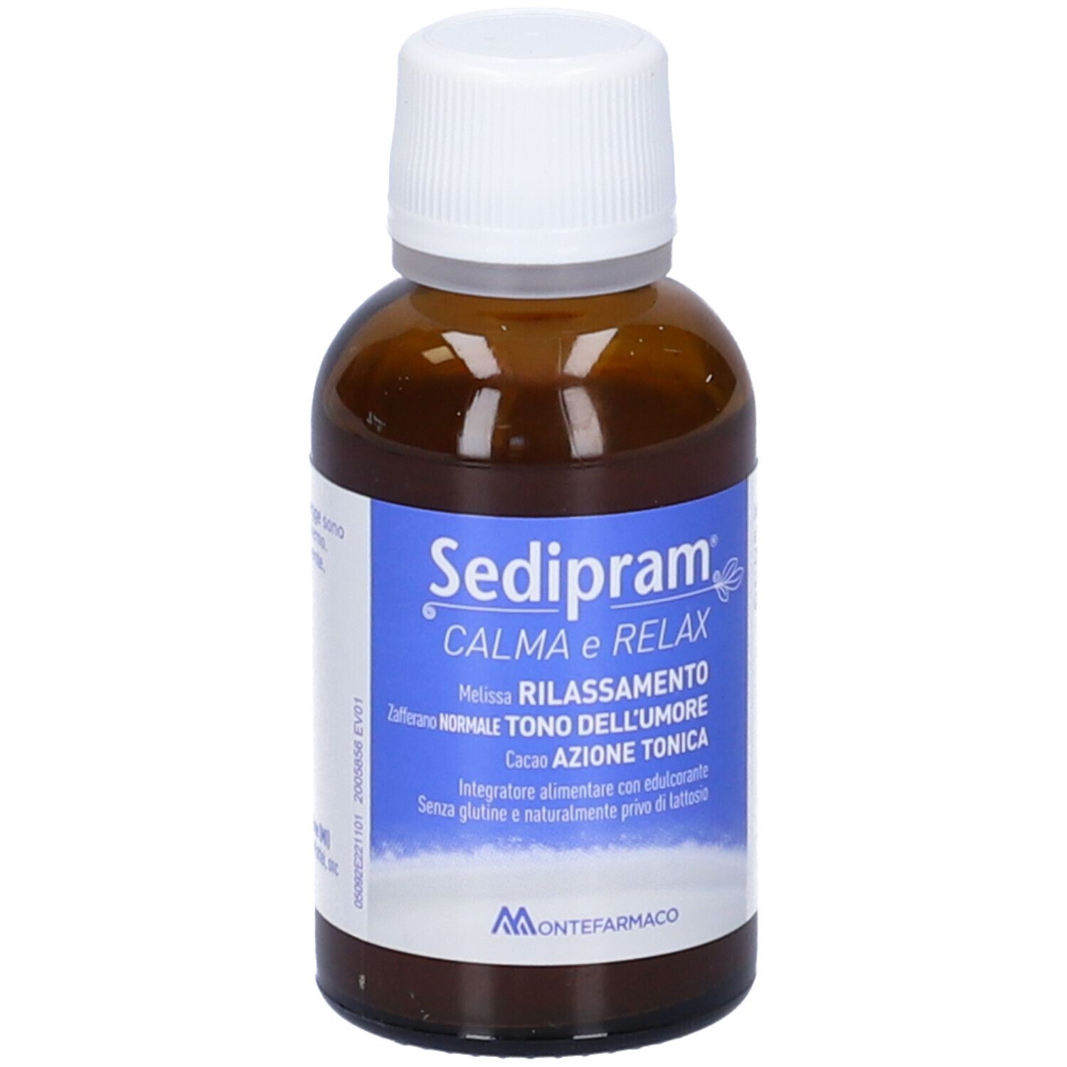 Flacone di vetro marrone con tappo bianco. Etichetta blu con testo: Sedipram Calma e Relax. Marchio: Montefarmaco.
