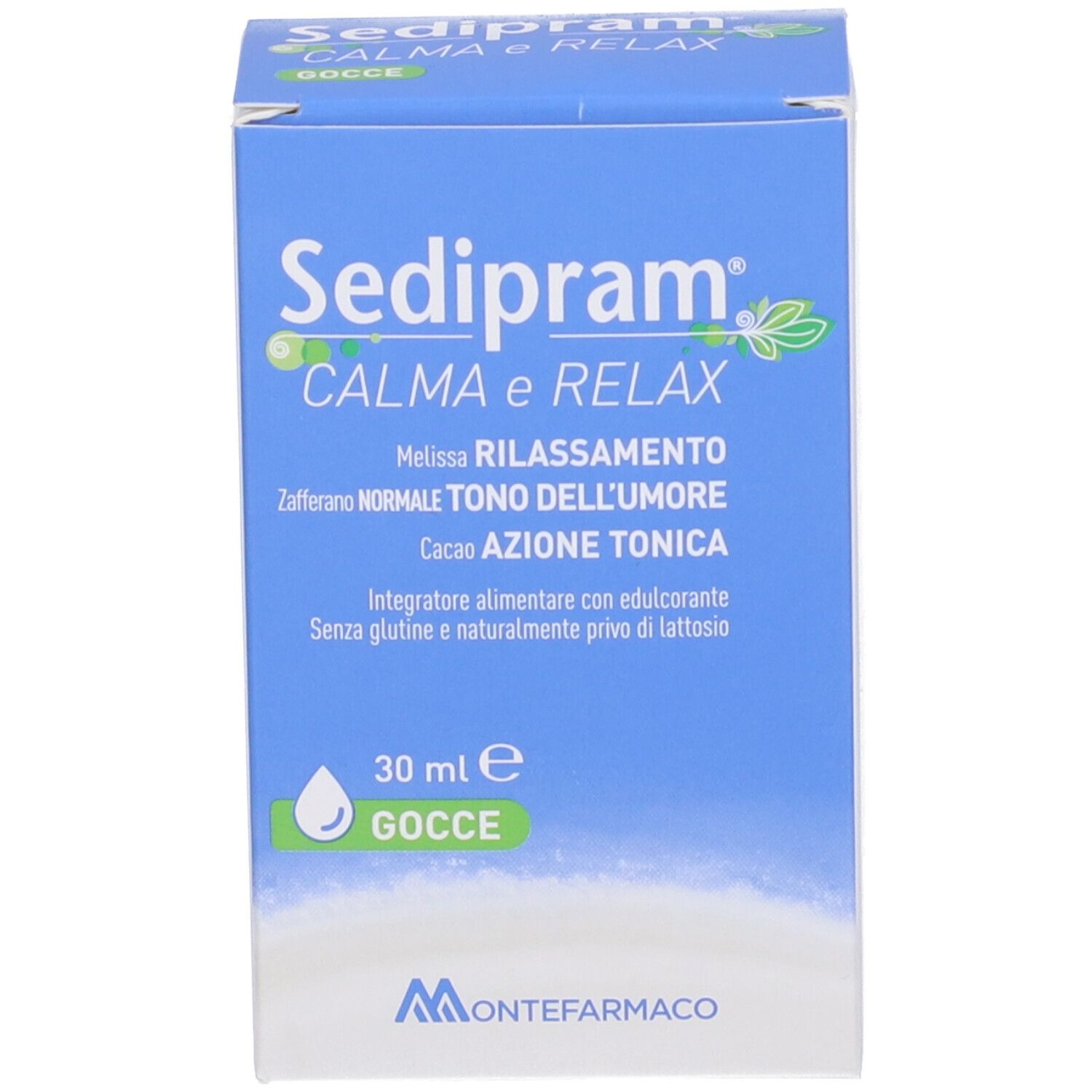 Scatola blu con testo: Sedipram Calma e Relax. Marchio: Montefarmaco. 30 ml Gocce.