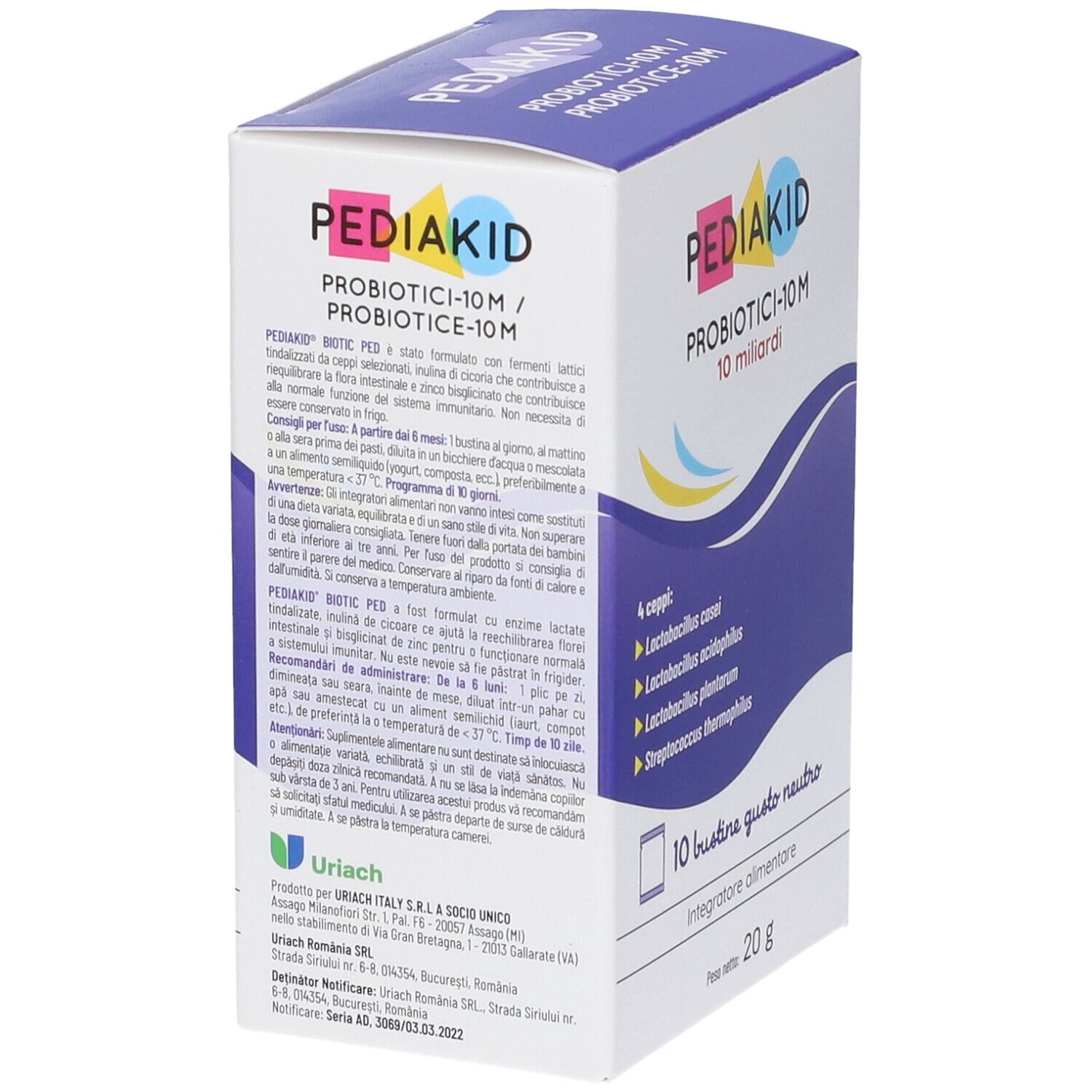 Confezione di PEDIAKID PROBIOTICI-10M. Contiene 10 bustine. Scritta: 10 miliardi, 4 ceppi. Integratore alimentare. Peso netto 20 g. Retro con testo.