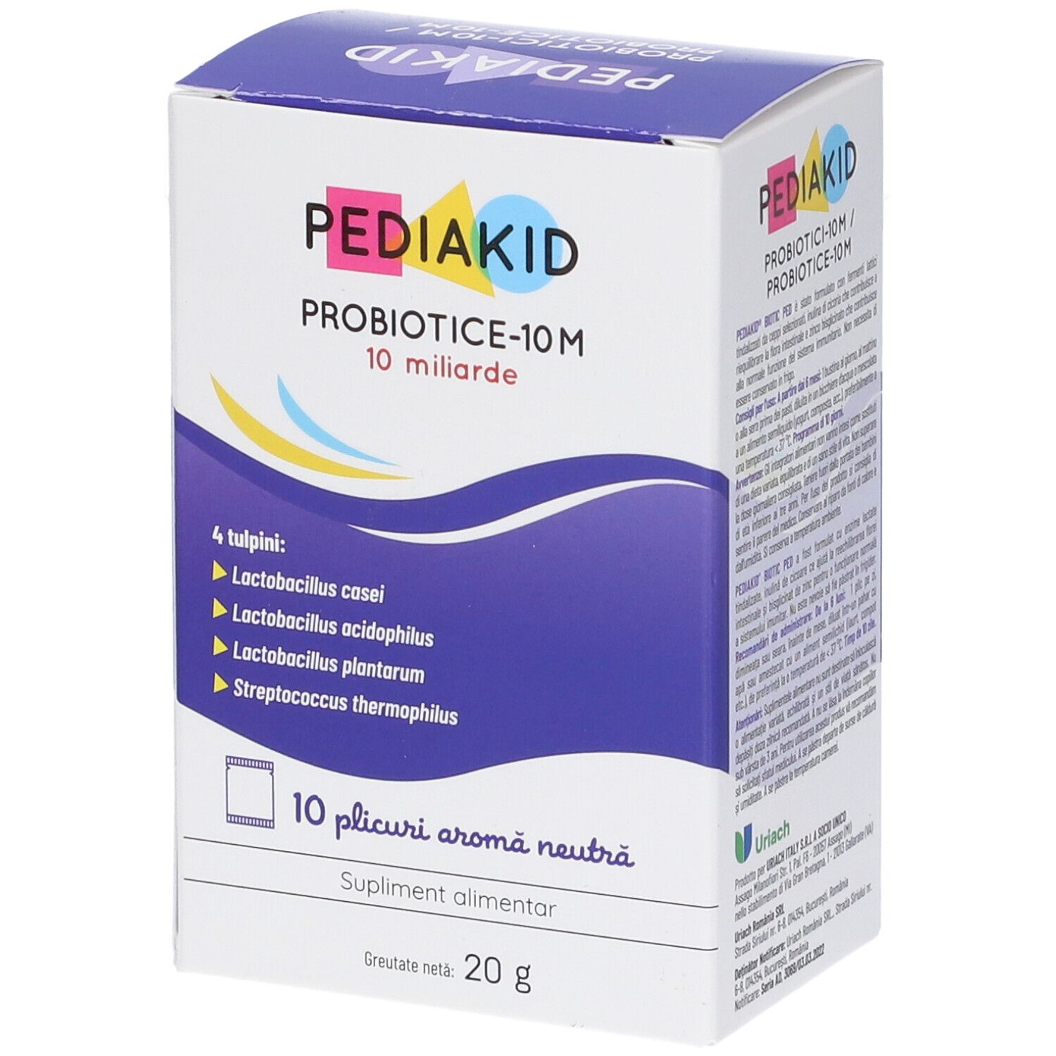 Confezione di PEDIAKID PROBIOTICE-10M. Contiene 10 bustine. Scritta: 10 miliardi, 4 ceppi. Integratore alimentare. Peso netto 20 g.