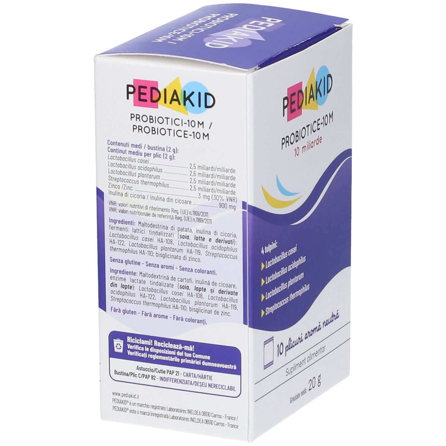 Confezione di PEDIAKID PROBIOTICI-10M. Contiene 10 bustine. Scritta: 10 miliardi, 4 ceppi. Integratore alimentare. Peso netto 20 g. Vista dettagliata.