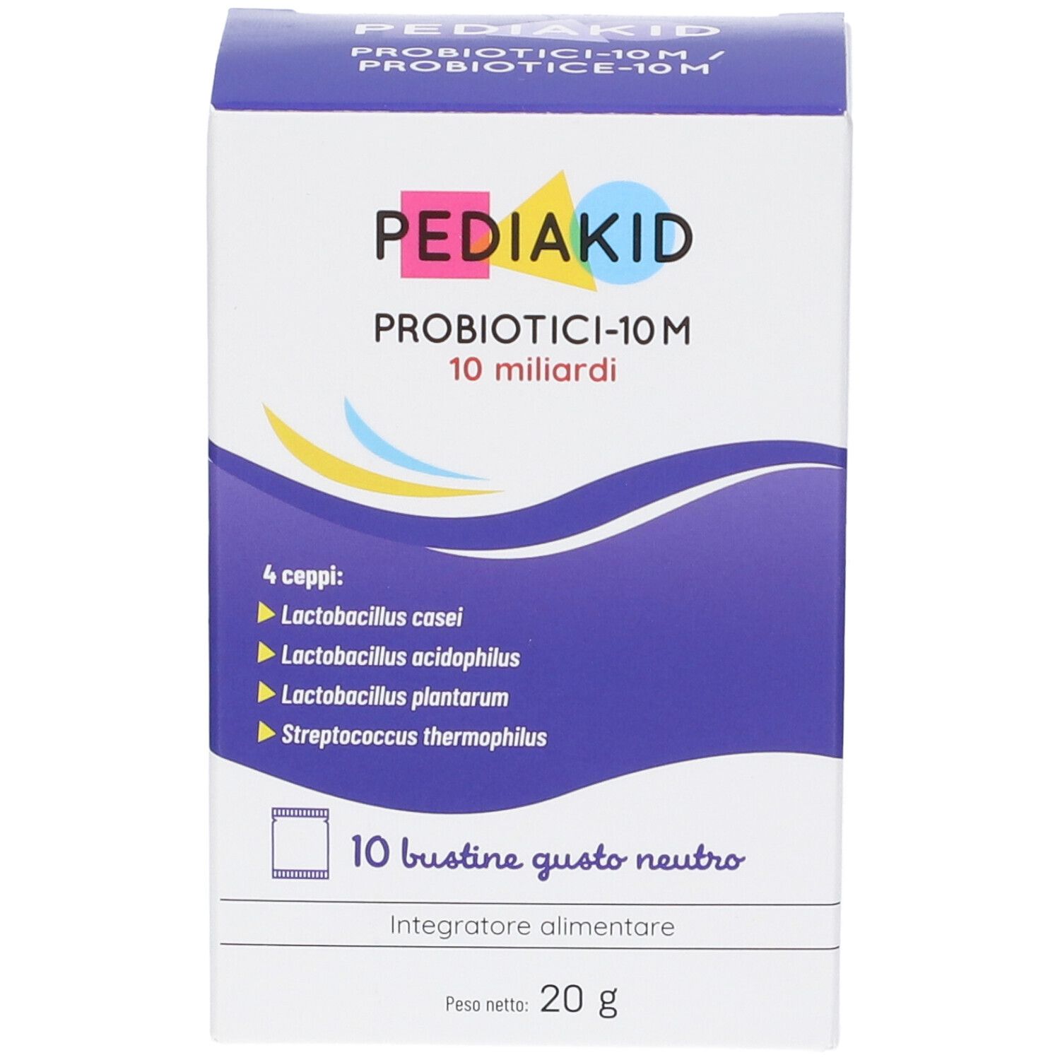 Confezione di PEDIAKID PROBIOTICI-10M. Contiene 10 bustine. Scritta: 10 miliardi, 4 ceppi. Integratore alimentare. Peso netto 20 g.