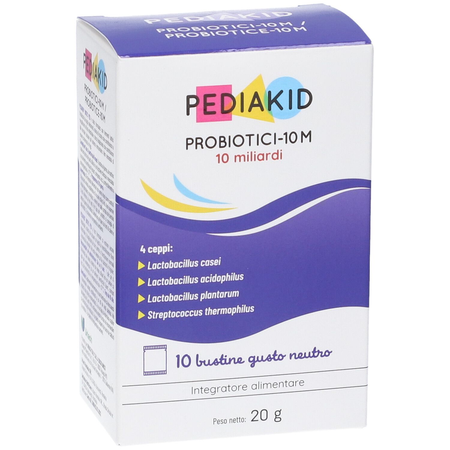 Confezione di PEDIAKID PROBIOTICI-10M. Contiene 10 bustine. Scritta: 10 miliardi, 4 ceppi. Integratore alimentare. Peso netto 20 g.