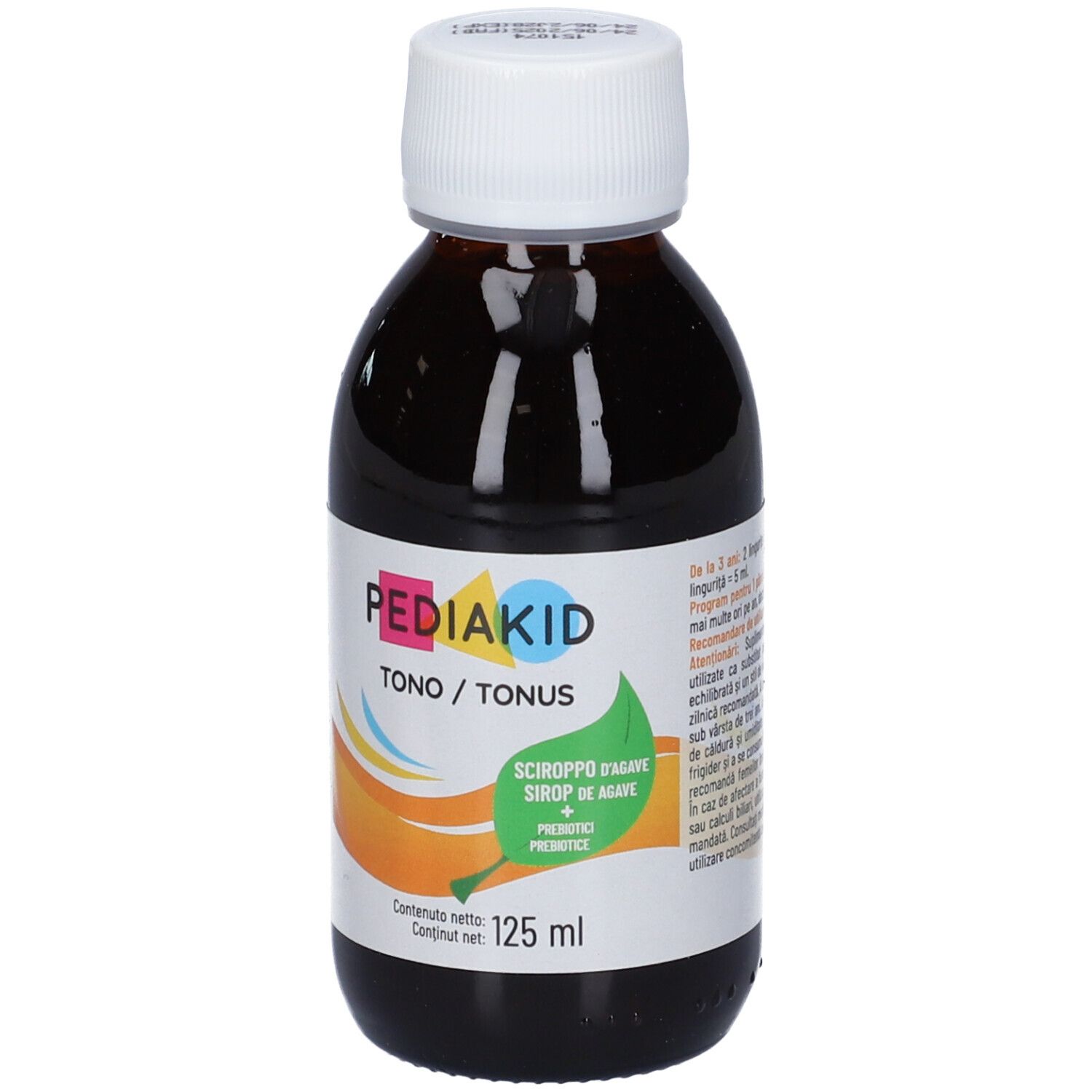 Liquido marrone in bottiglia con tappo bianco. Etichetta con nome prodotto Pediakid Tono/Tonus.