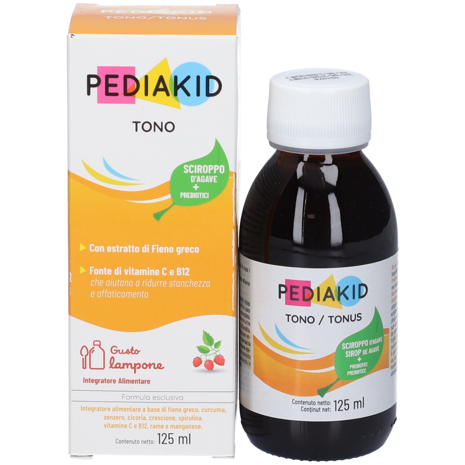 Bottiglia e scatola. Sulla scatola c'è scritto Pediakid Tono. Bottiglia con liquido marrone.