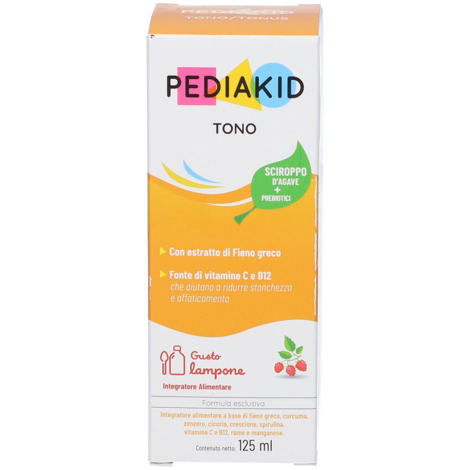 Scatola bianca con nome prodotto Pediakid Tono. Informazioni sul prodotto sulla scatola.