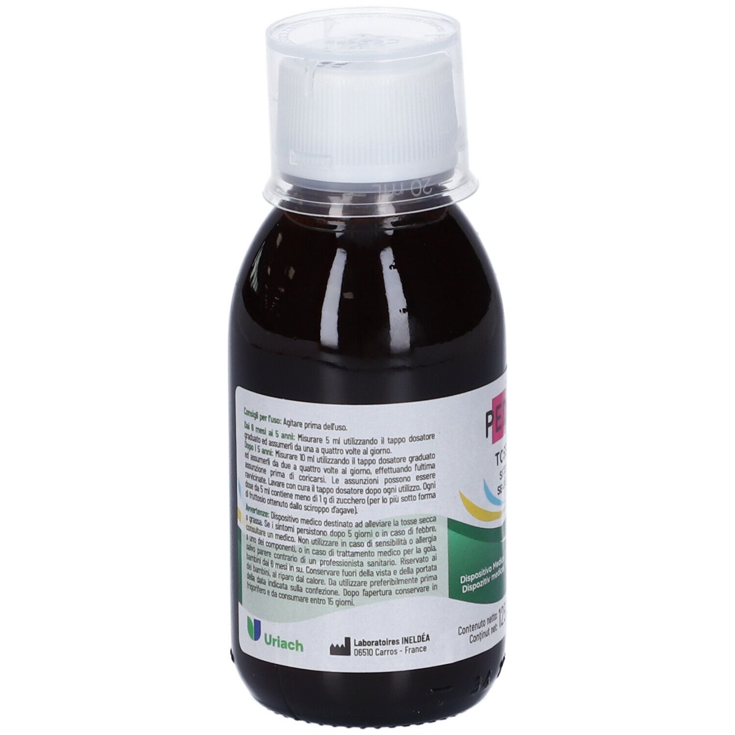 Retro di una bottiglia con liquido marrone e tappo bianco. Testo sull'etichetta. Marchio: Uriach.