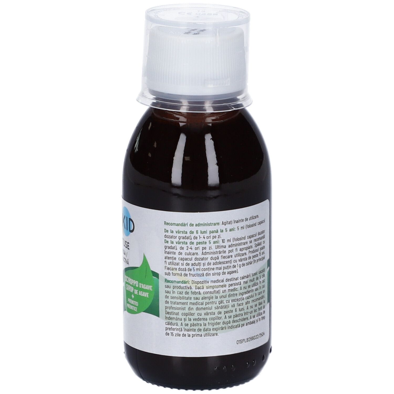 Retro di una bottiglia con liquido marrone e tappo bianco. Testo sull'etichetta. Marchio: Uriach.