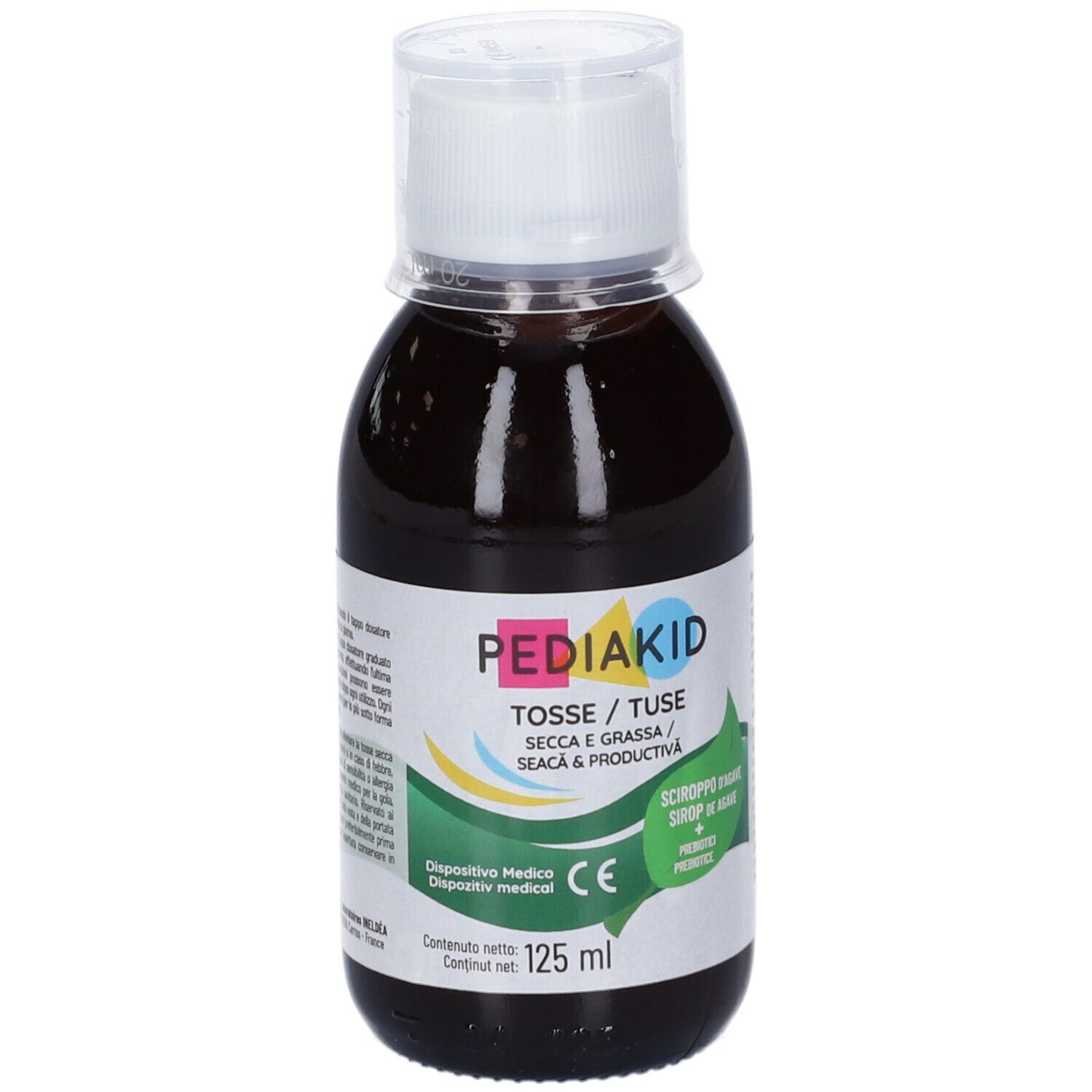 Bottiglia con liquido marrone e tappo bianco. Scritta: Pediakid, Tosse/Tuse, Secca e Grassa/Seacă & Productivă. 125 ml.