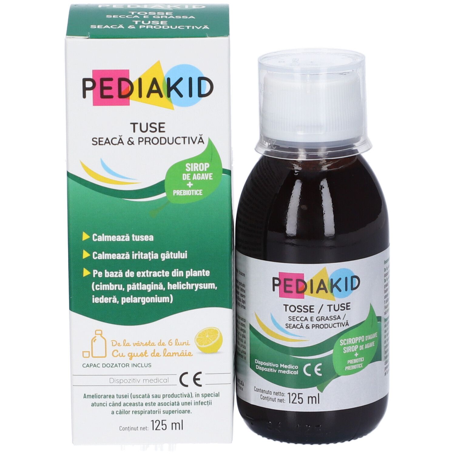 Bottiglia e scatola. Scritta: Pediakid, Tuse/Tosse, Seacă & Productivă/Secca & Grassa. 125 ml. Con tappo dosatore.