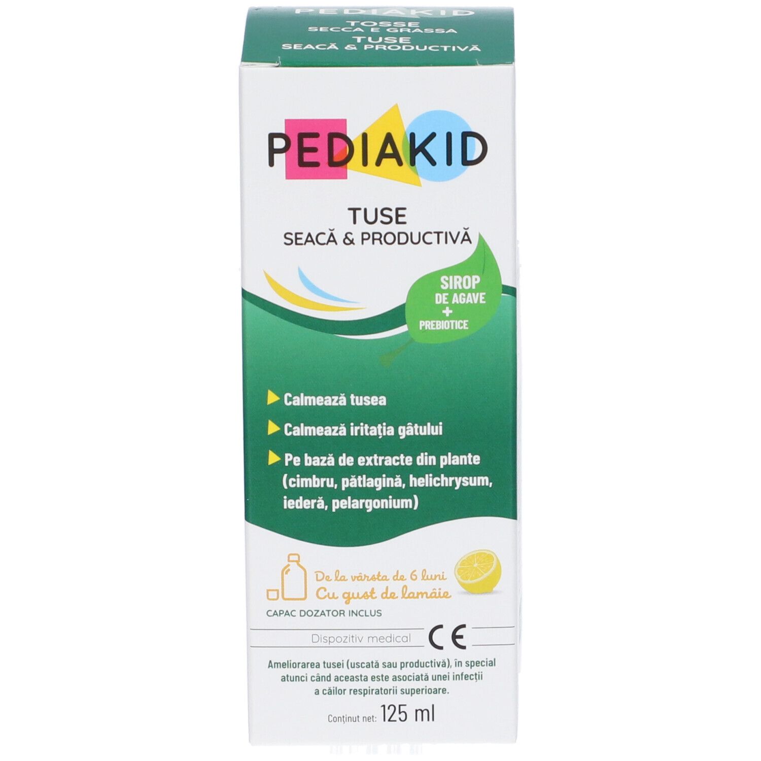Scatola. Scritta: Pediakid, Tuse/Tosse, Seacă & Productivă/Secca & Grassa. 125 ml. Con tappo dosatore.