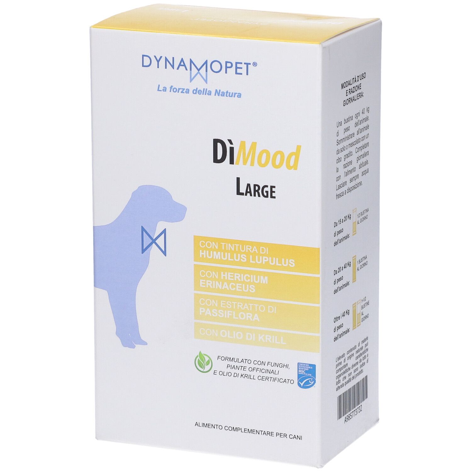 Confezione di DiMood Large. Contiene Humulus Lupulus, Hericium Erinaceus, Passiflora. Marchio Dynamopet. Contiene olio di krill.