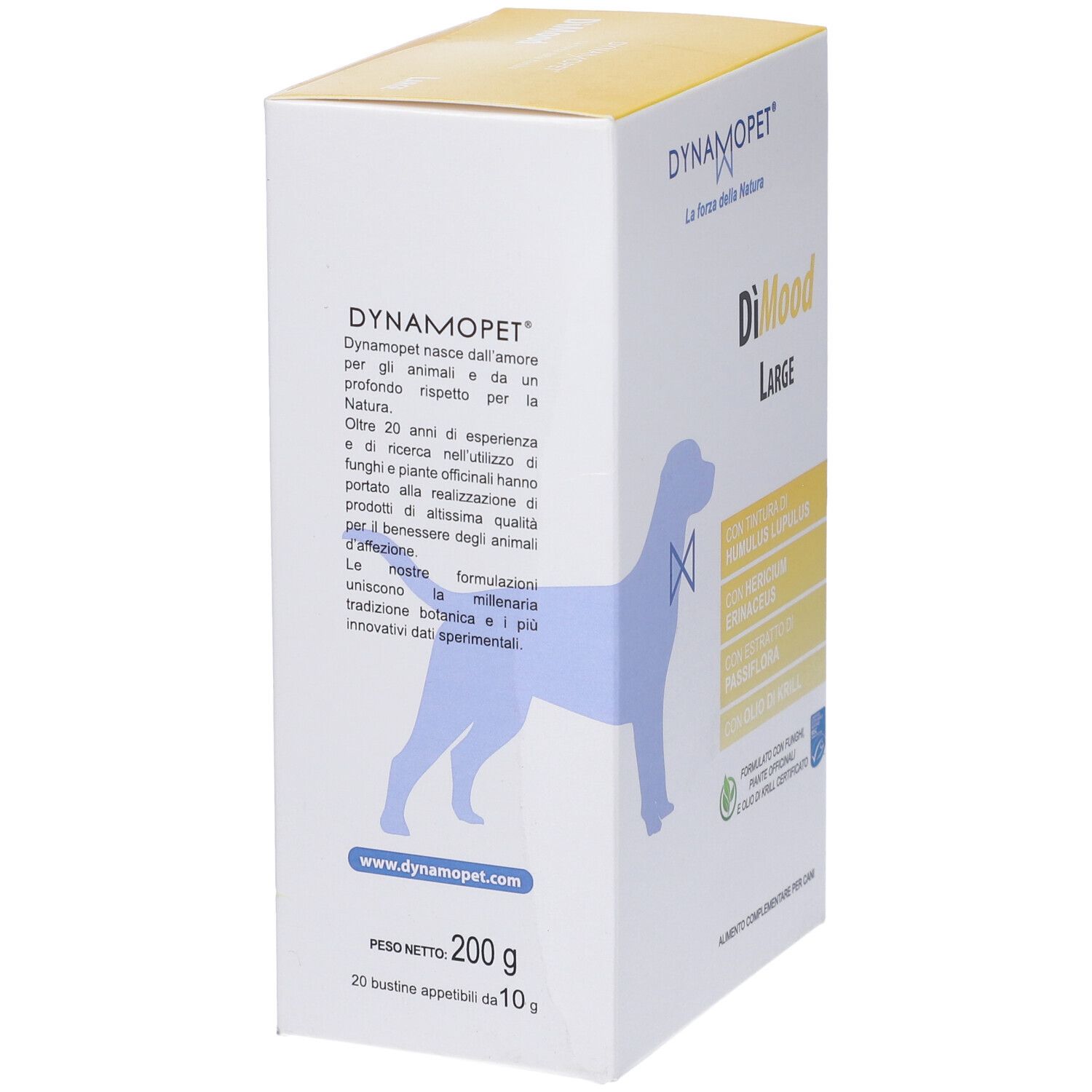Confezione di DiMood Large. Marchio Dynamopet. Contiene Humulus Lupulus, Hericium Erinaceus, Passiflora. 20 bustine.