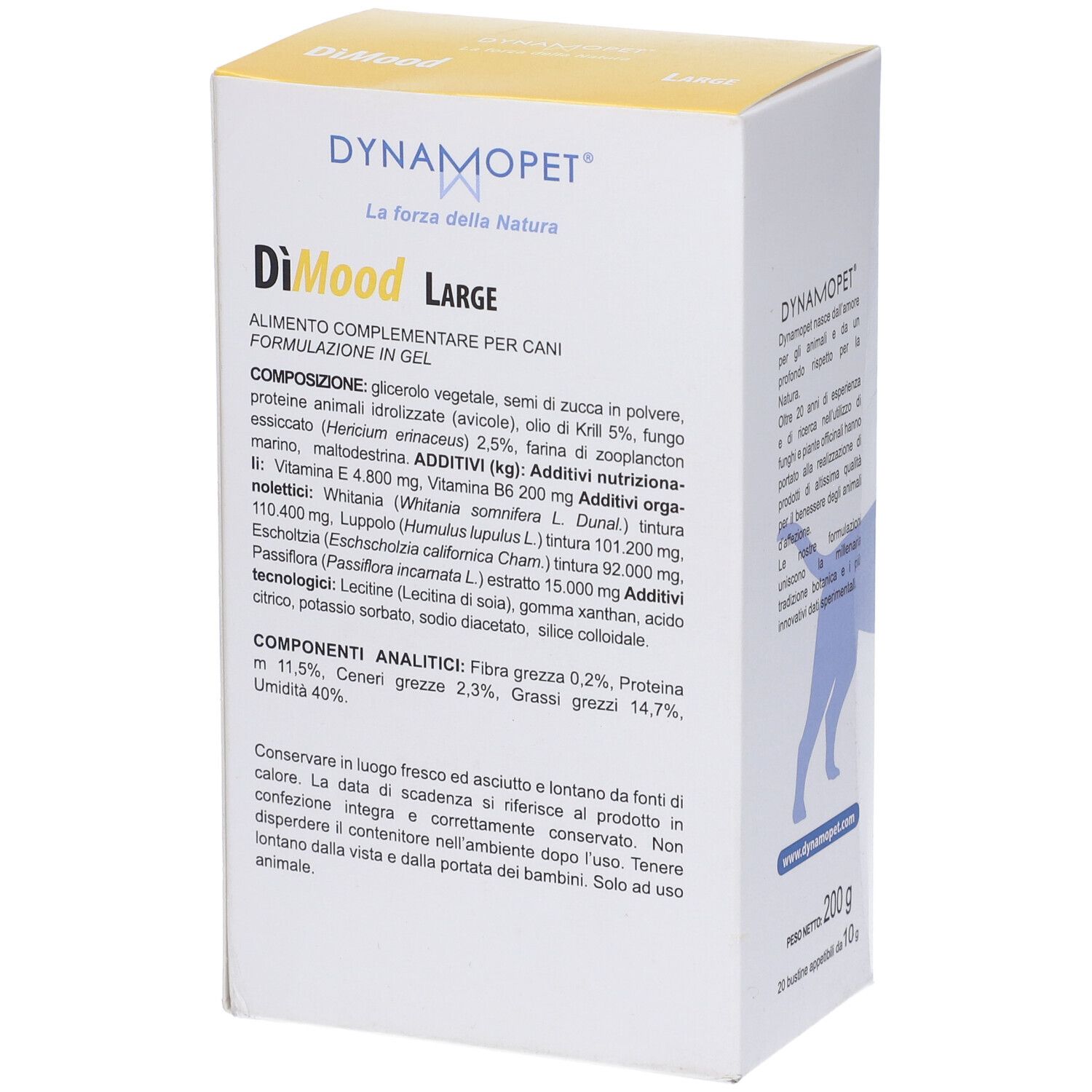 Confezione di DiMood Large. Contiene ingredienti e analisi. Marchio Dynamopet. Alimento complementare per cani.
