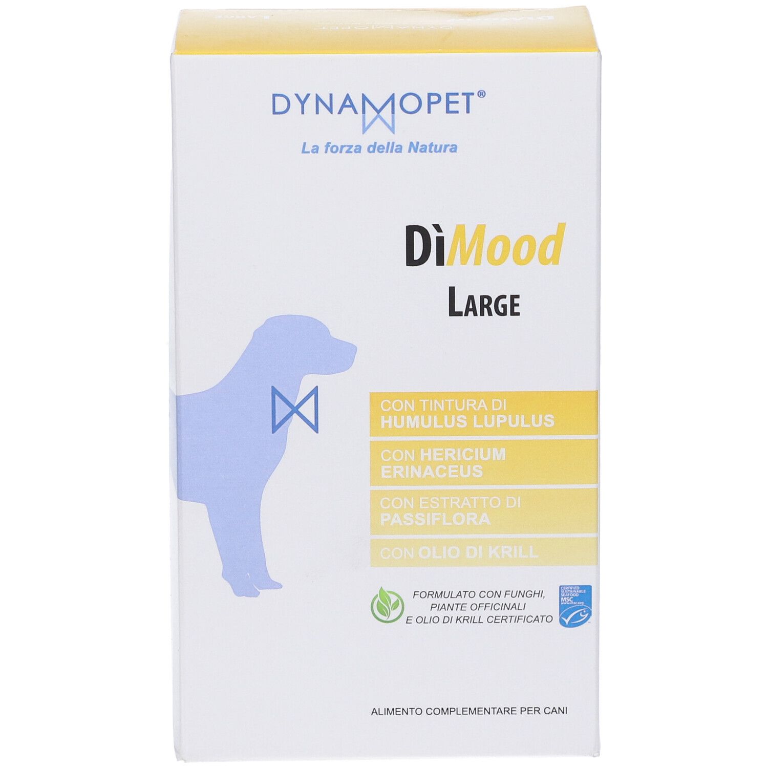 Confezione di DiMood Large. Marchio Dynamopet. Contiene Humulus Lupulus, Hericium Erinaceus, Passiflora. Per cani.
