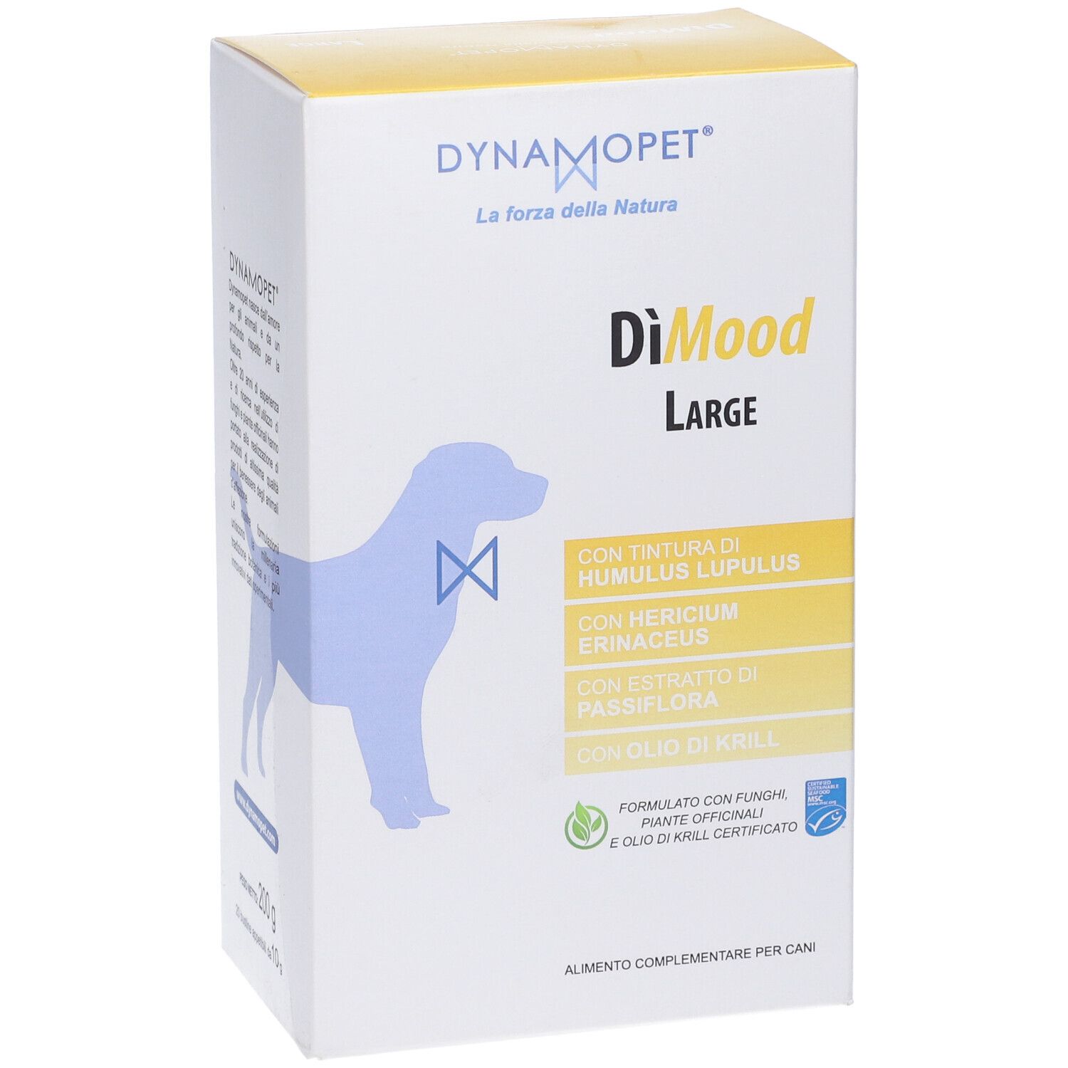 Confezione di DiMood Large. Marchio Dynamopet. Contiene Humulus Lupulus, Hericium Erinaceus, Passiflora. Per cani.