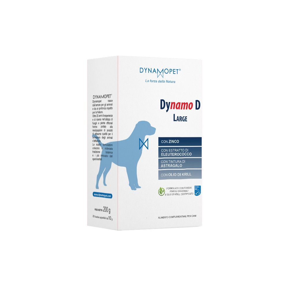 Confezione di Dynamo D Large. Contiene zinco, estratto di eleuterococco, tintura di astragalo e olio di krill. 200g.