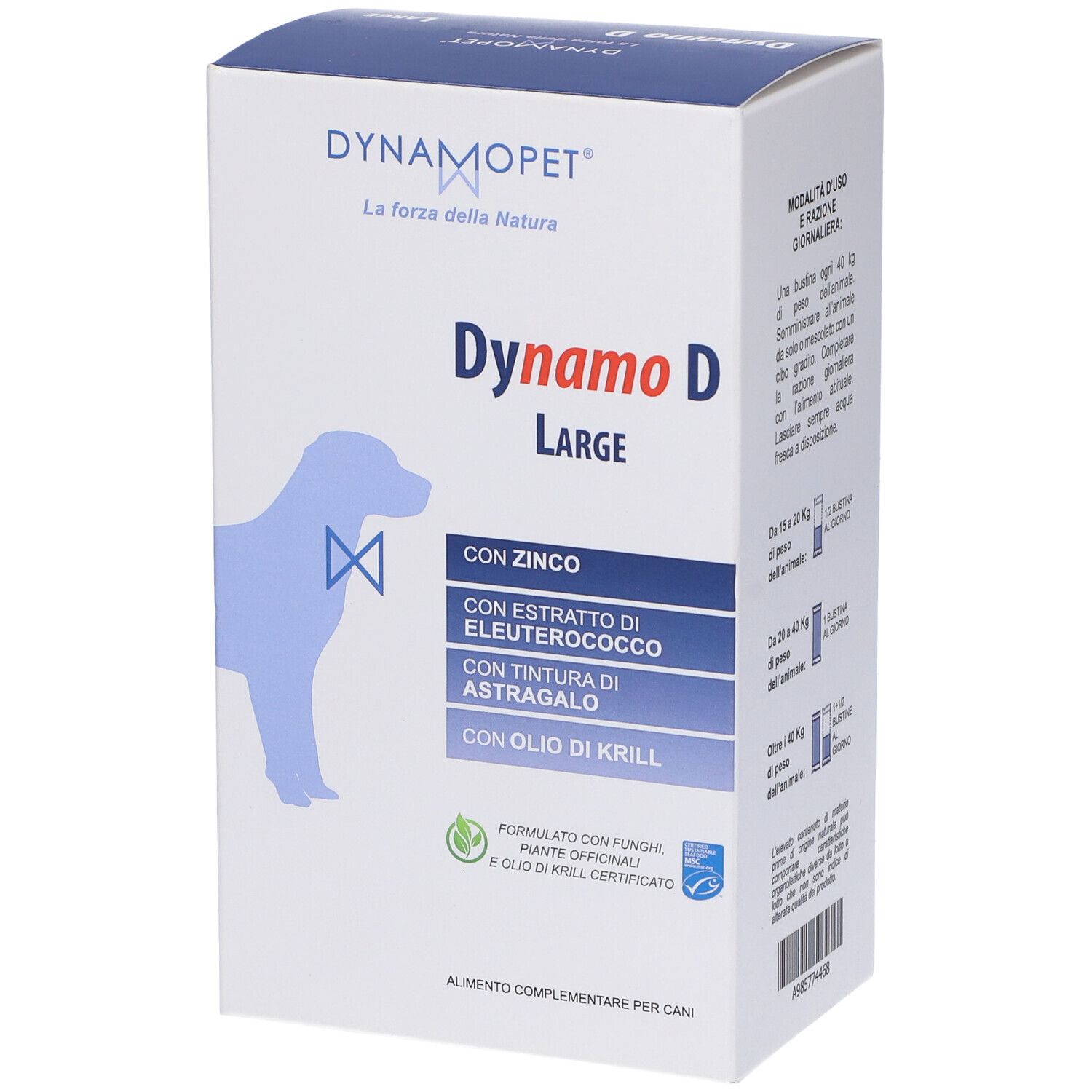 Confezione Dynamo D Large. Contiene zinco, estratto di eleuterococco, tintura di astragalo e olio di krill. Tabella dosaggio.