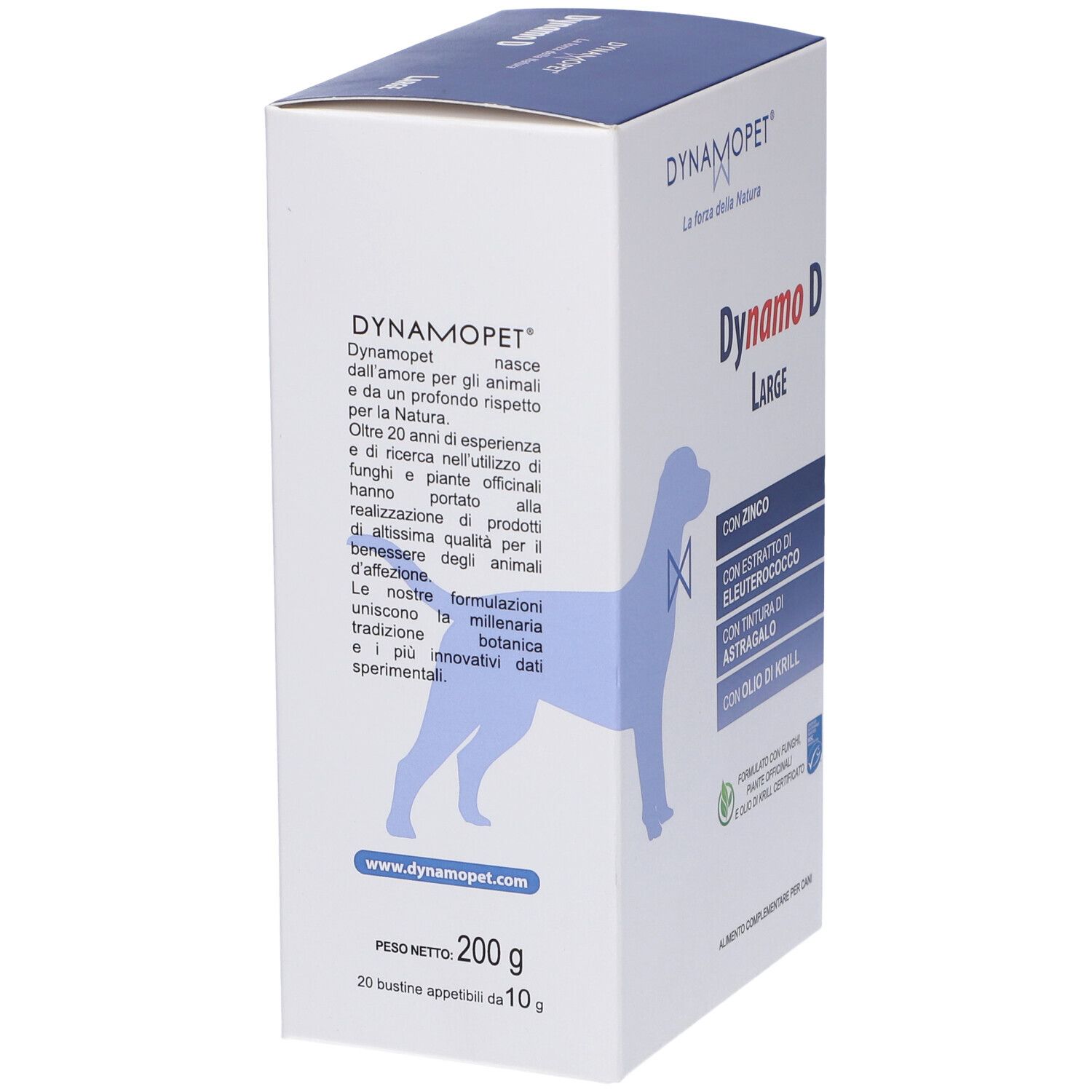 Confezione Dynamo D Large. Contiene zinco, estratto di eleuterococco, tintura di astragalo e olio di krill. Descrizione prodotto.