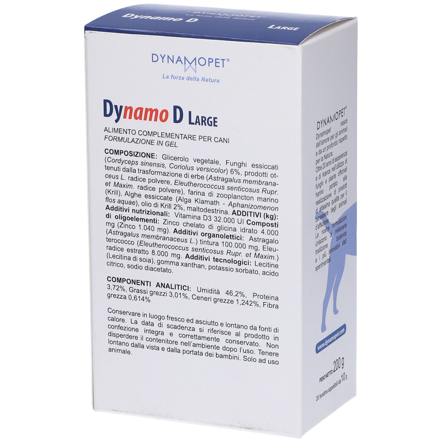 Confezione Dynamo D Large. Contiene ingredienti come glicerolo, funghi, erbe, vitamine. Componenti analitici.