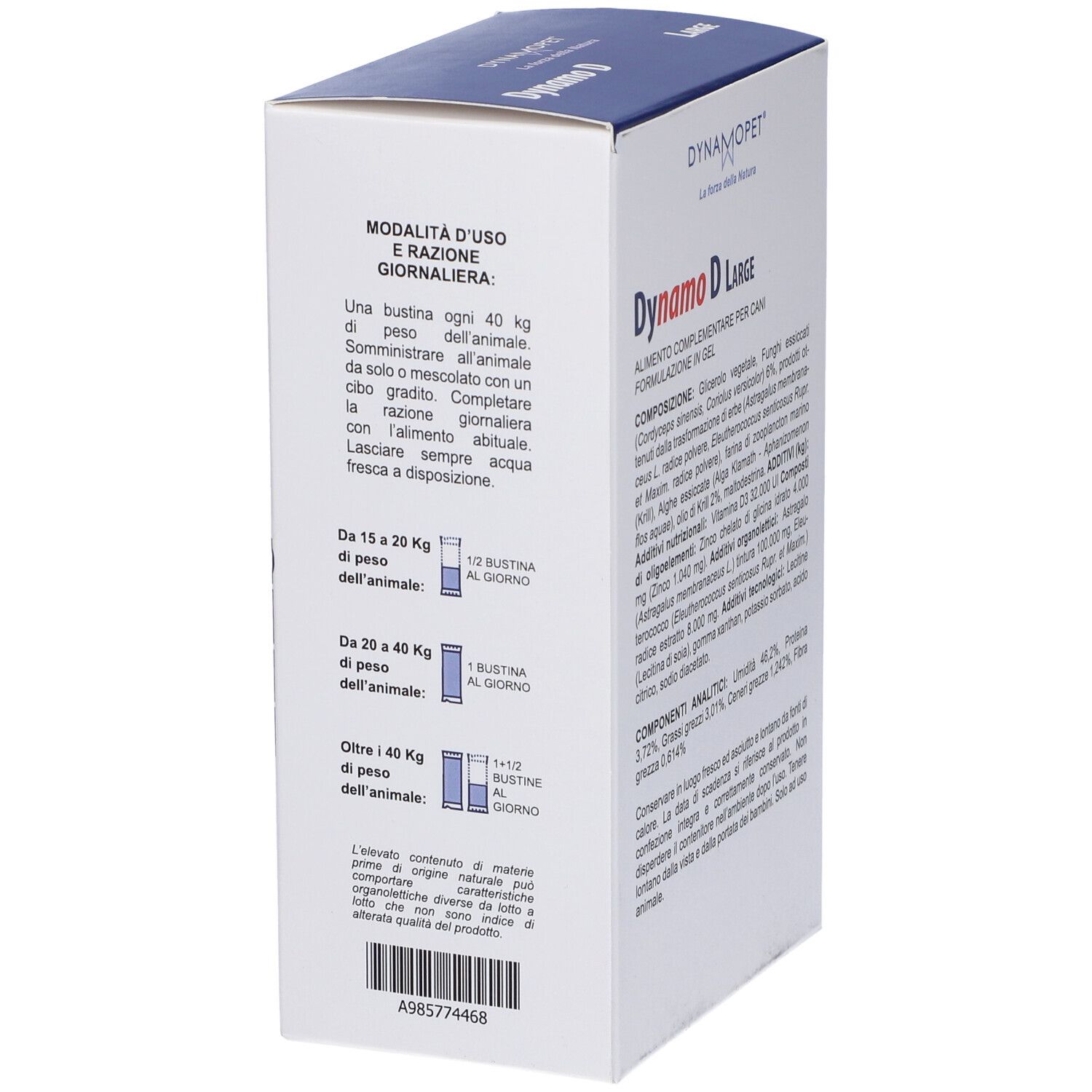 Confezione Dynamo D Large. Contiene ingredienti come glicerolo, funghi, erbe, vitamine. Dosaggio.